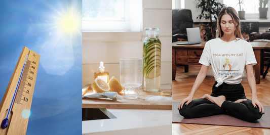 Collage showing hot summer weather, infused water with lemon, and woman doing yoga in a motivational t-shirt — late summer energy boost.