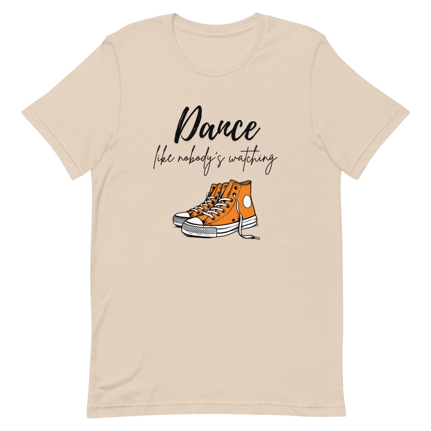 Soft cream unisex dance t-shirt with the phrase “Dance Like Nobody’s Watching”. A carefree and uplifting design for those who dance freely and unapologetically.