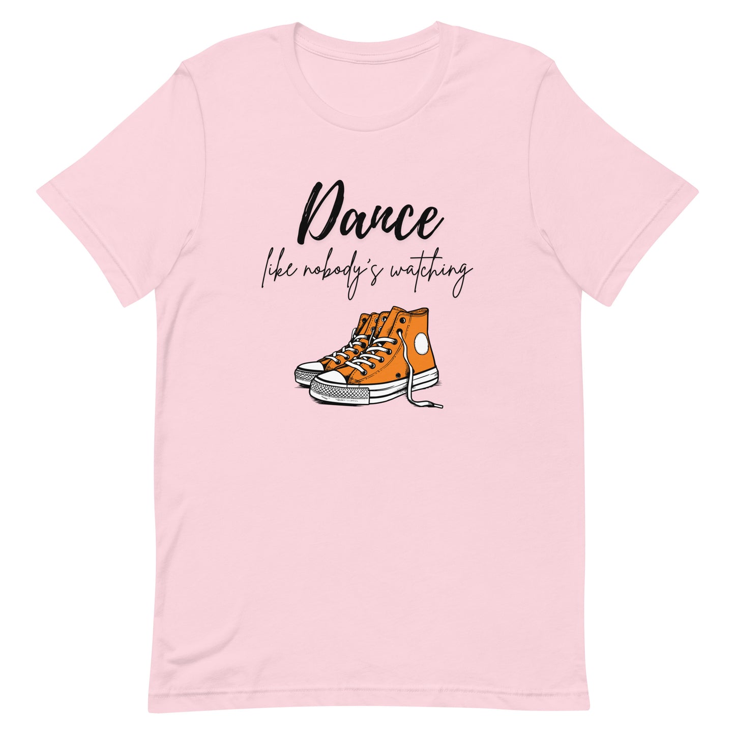 Soft pink unisex dance t-shirt with the phrase “Dance Like Nobody’s Watching”. A carefree and uplifting design for those who dance freely and unapologetically.