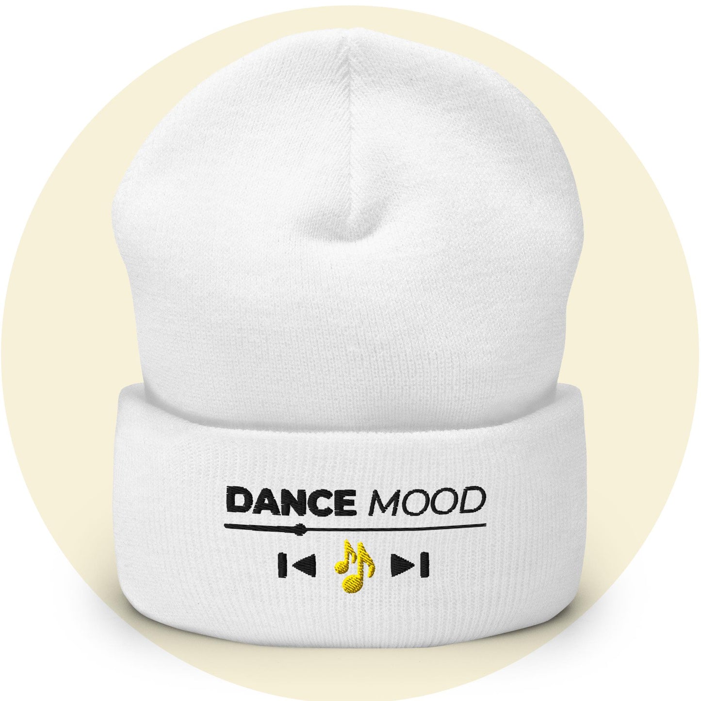 White cuffed beanie from the Dance Mood On collection with embroidered text and yellow music note icon, displayed on a light yellow background