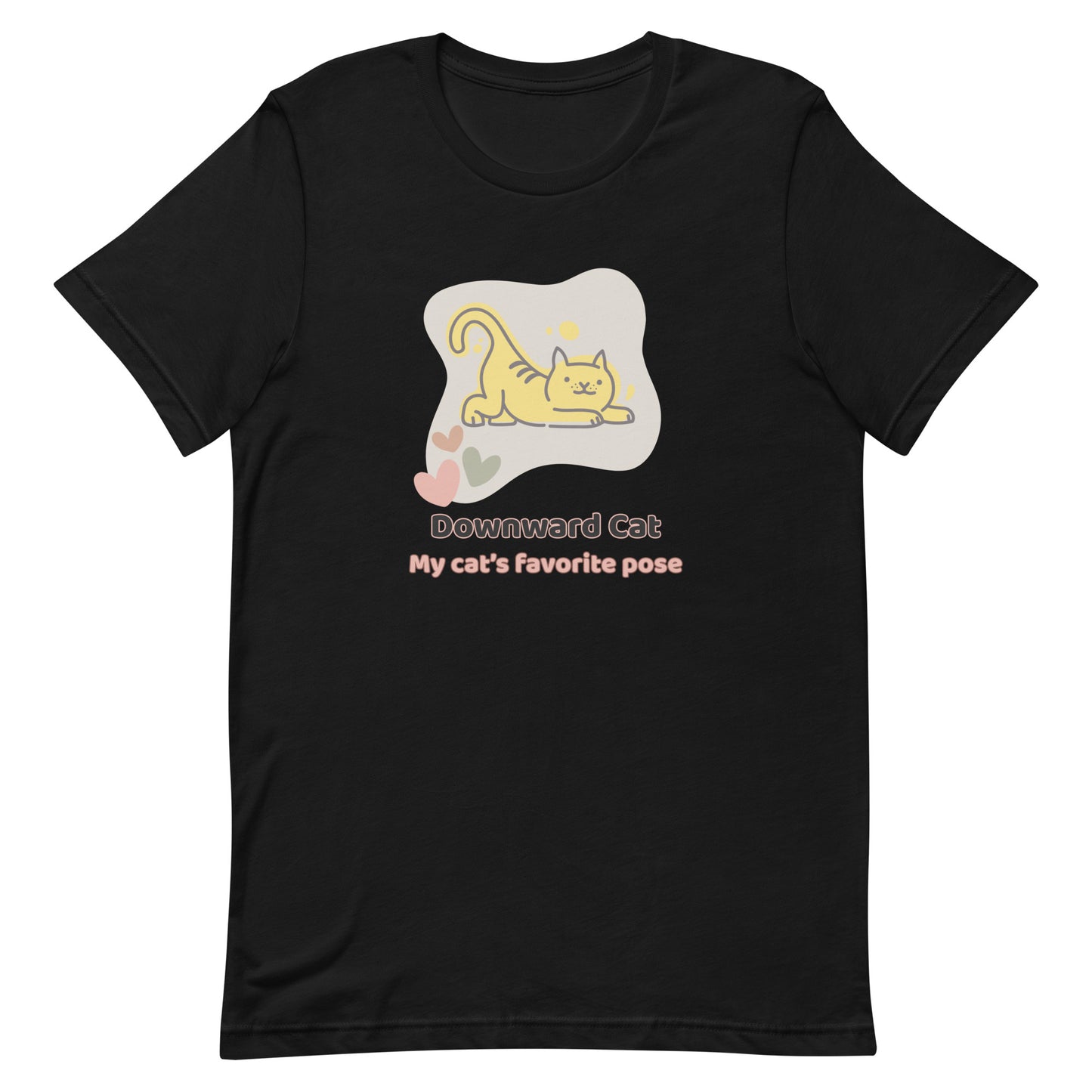 Black unisex yoga t-shirt with a graphic design with phrase " Downward Cat My cat's favorite pose"