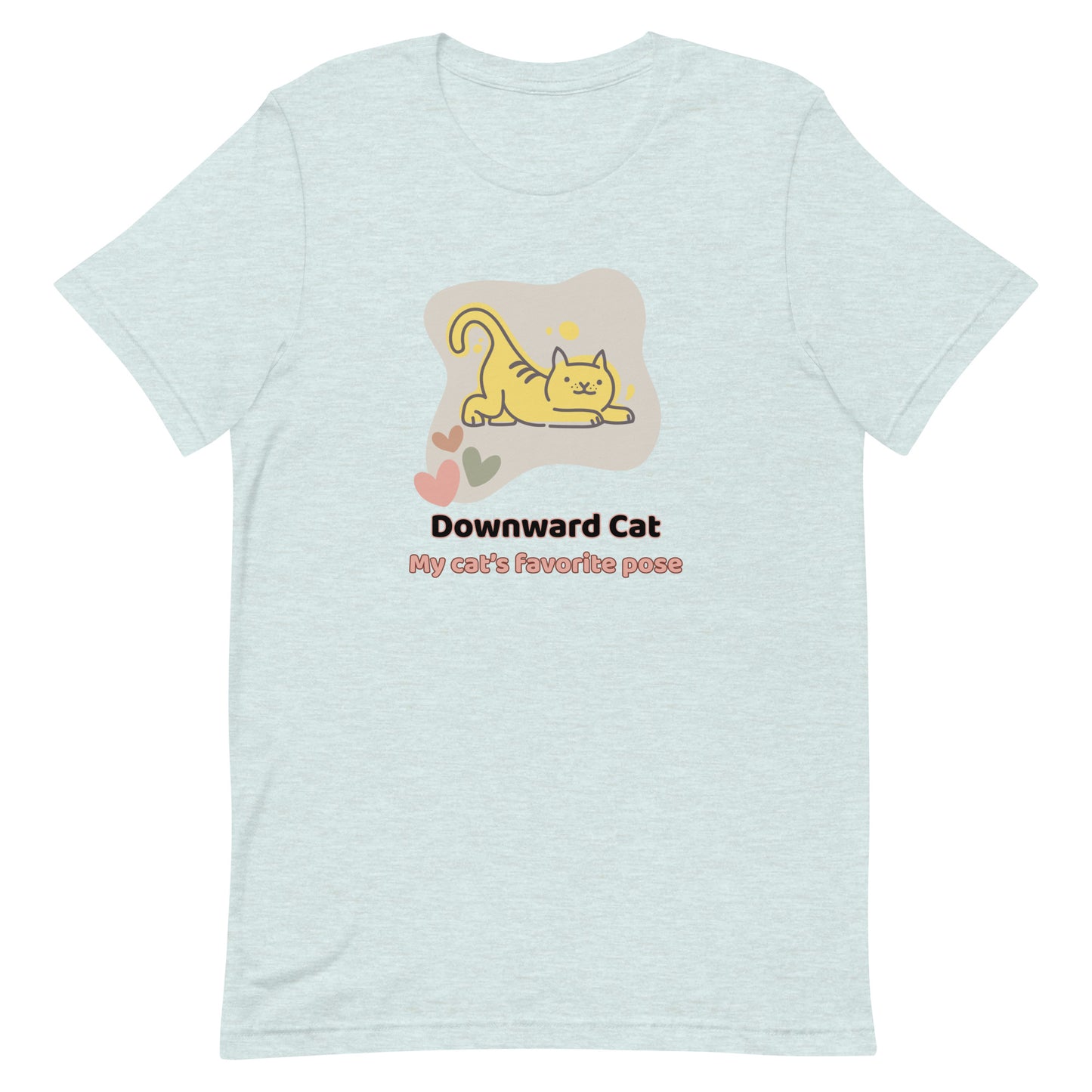 Heather ice blue unisex yoga t-shirt featuring a playful cartoon illustration of a cat doing a yoga stretch, paired with the text “Downward Cat: My Cat’s Favorite Pose.”