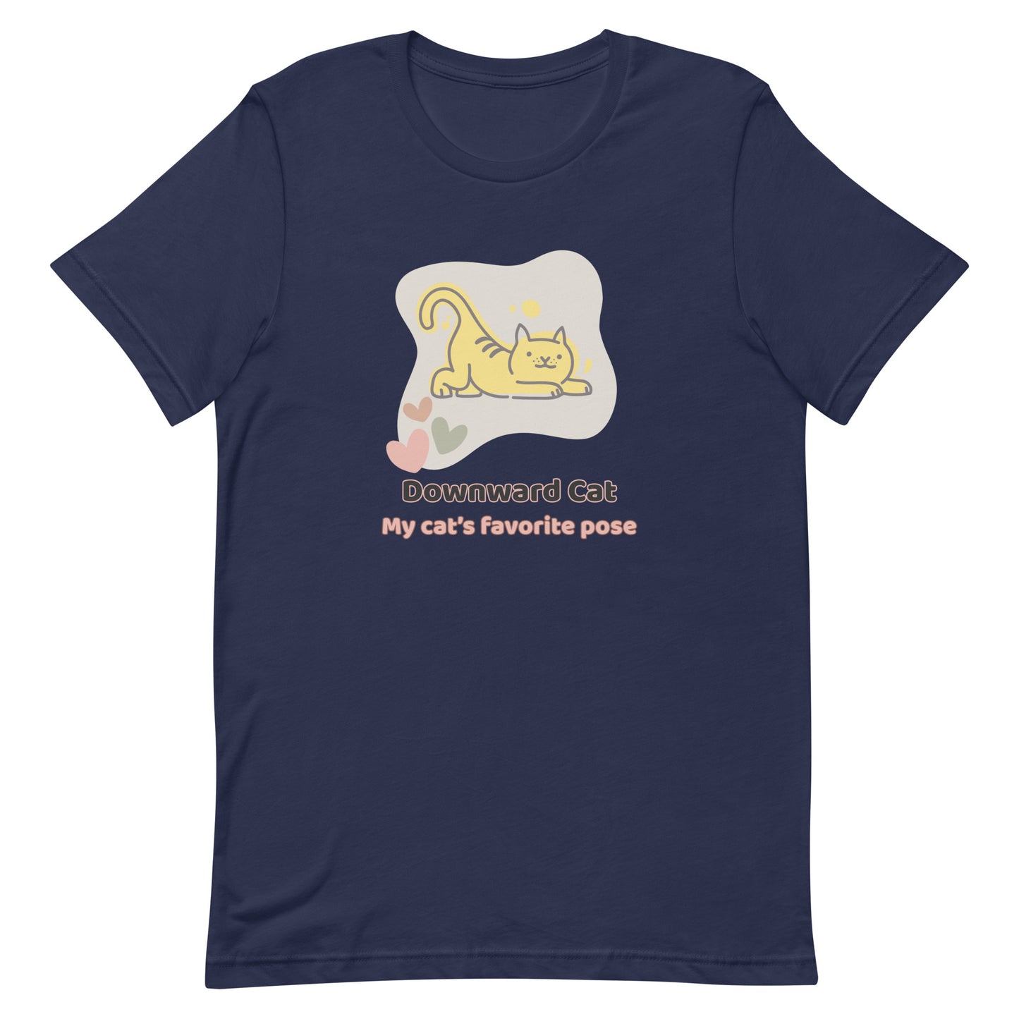Navy yoga unisex t-shirt with a graphic design with phrase " Downward Cat My cat's favorite pose"