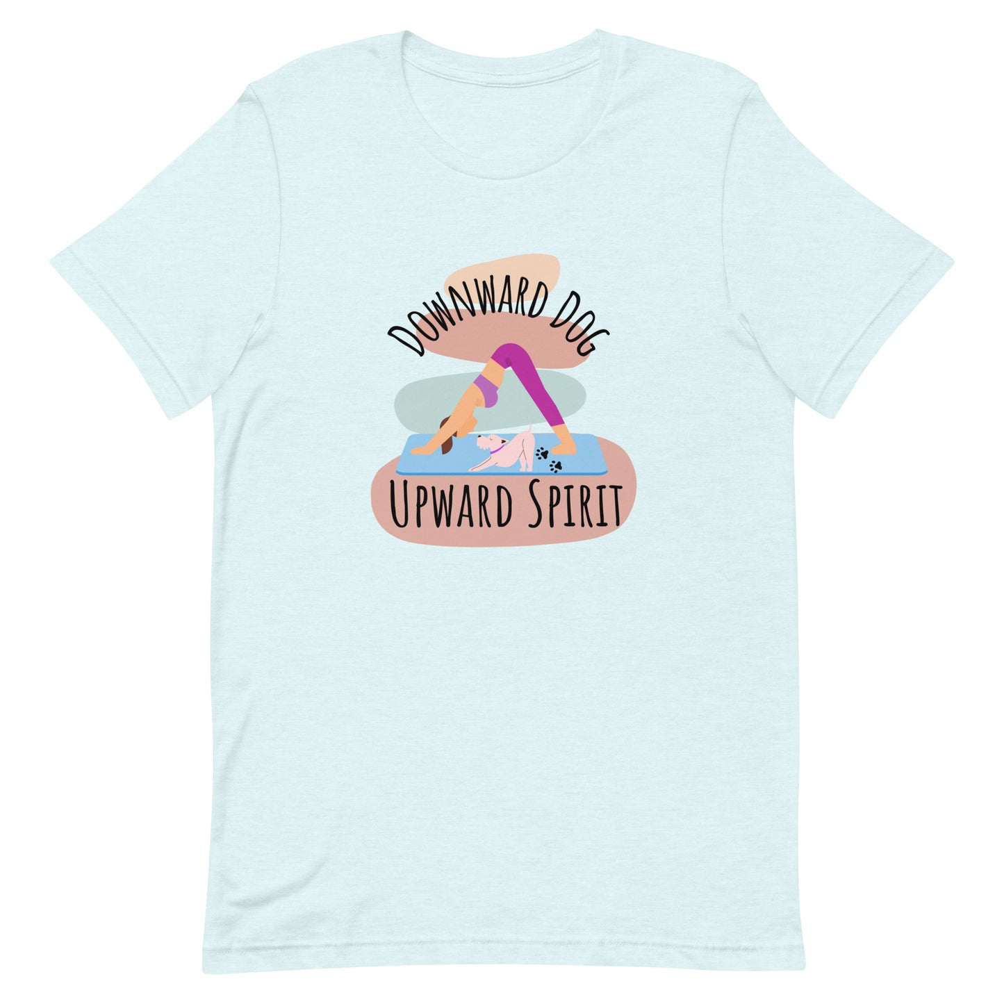 Heather ice blue yoga t-shirt with ‘Downward Dog, Upward Spirit’ quote