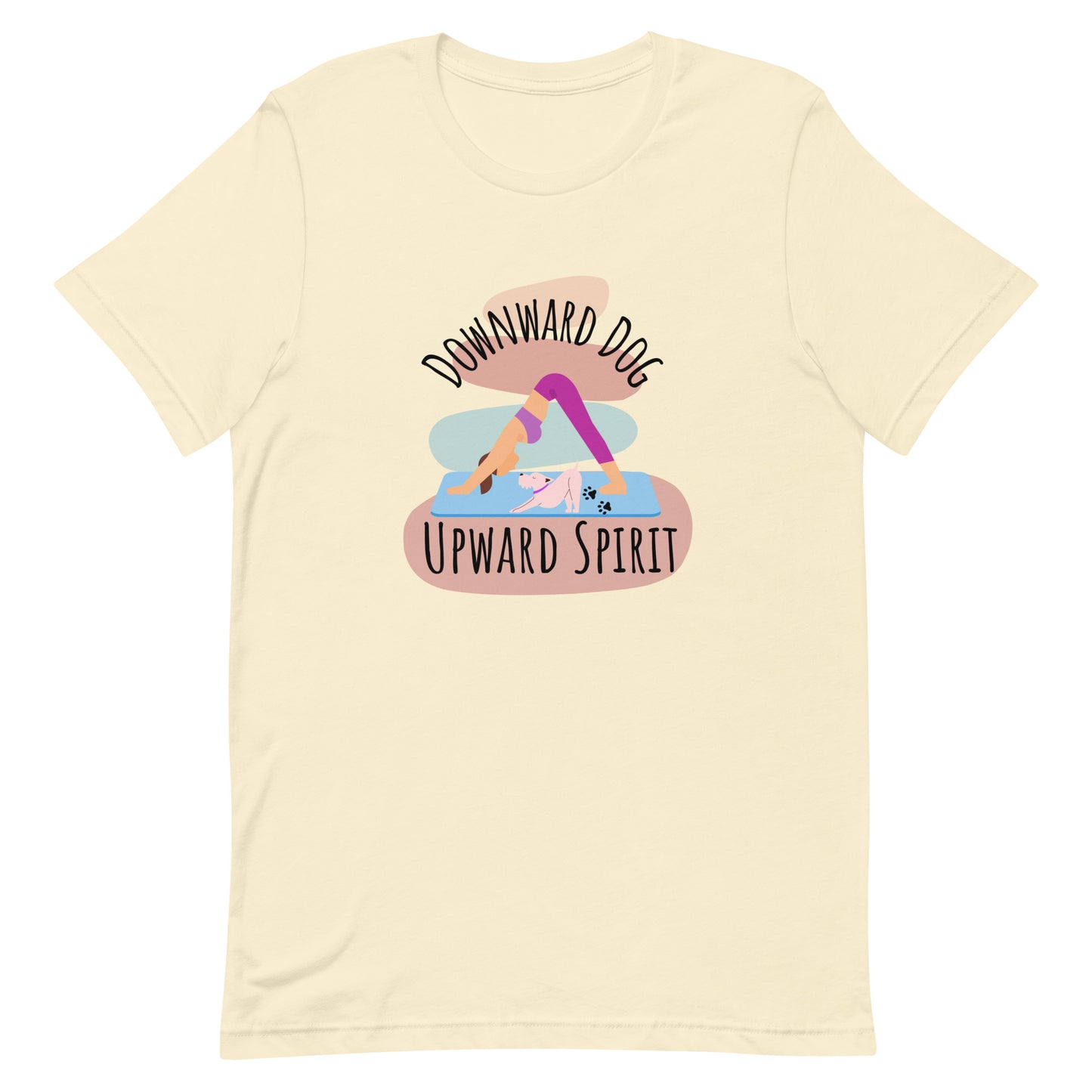 Natural yoga t-shirt with ‘Downward Dog, Upward Spirit’ quote