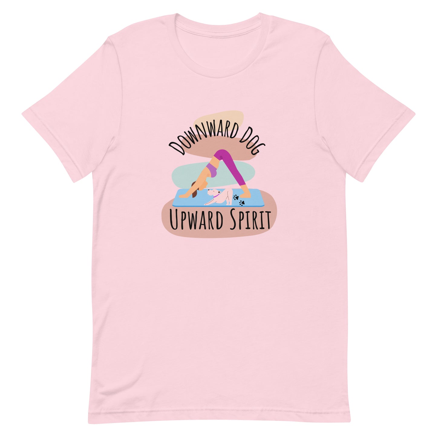 Pink yoga t-shirt with ‘Downward Dog, Upward Spirit’ quote