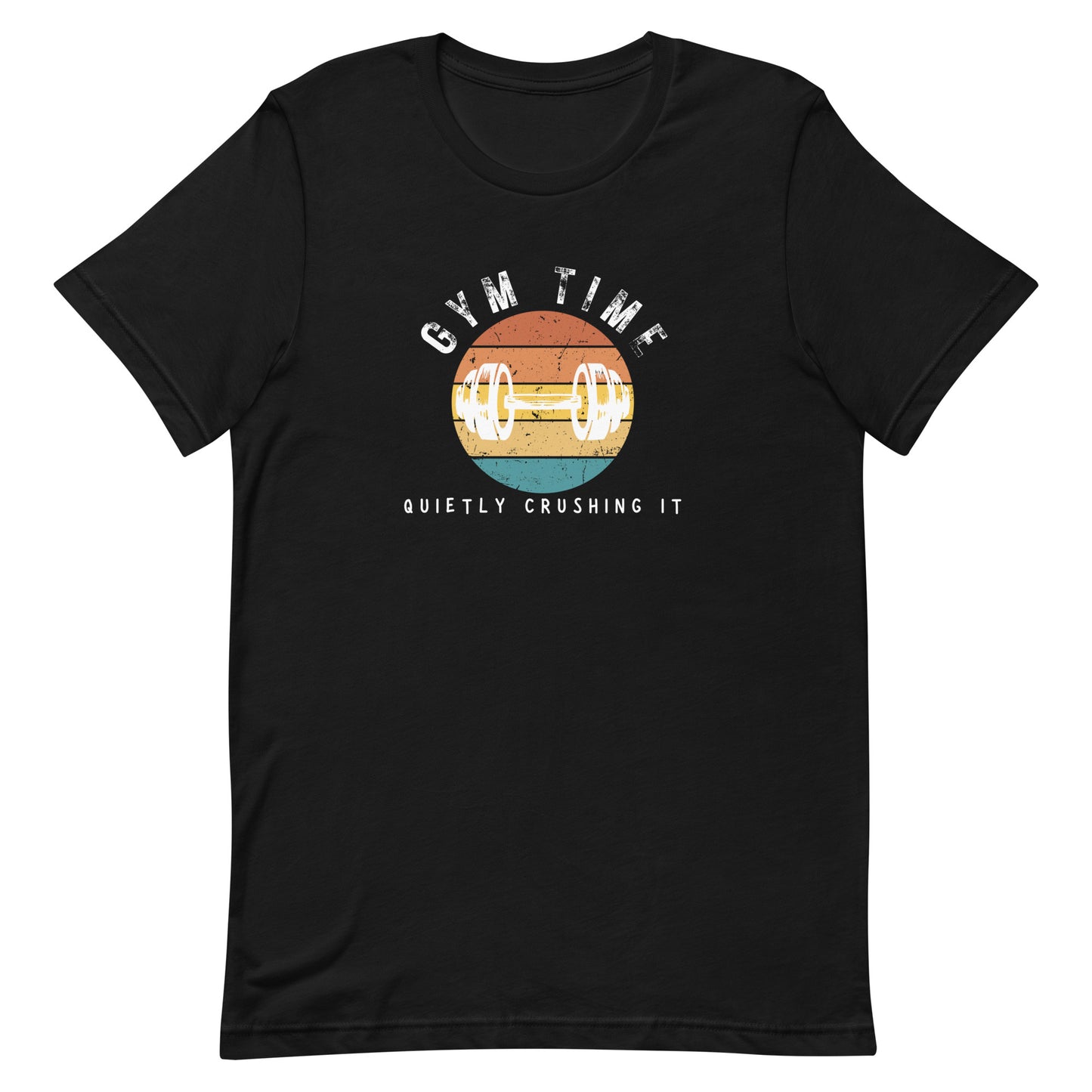 Black unisex gym t-shirt with the phrase “Gym Time Quietly Crushing It” in clean, confident font.