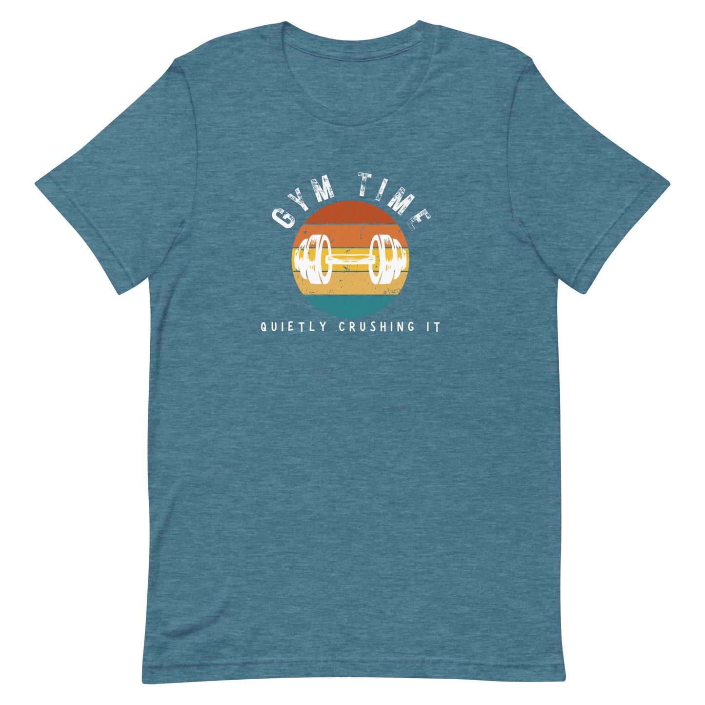 Heather deep teal unisex gym t-shirt with the phrase “Gym Time Quietly Crushing It” in clean, confident font.