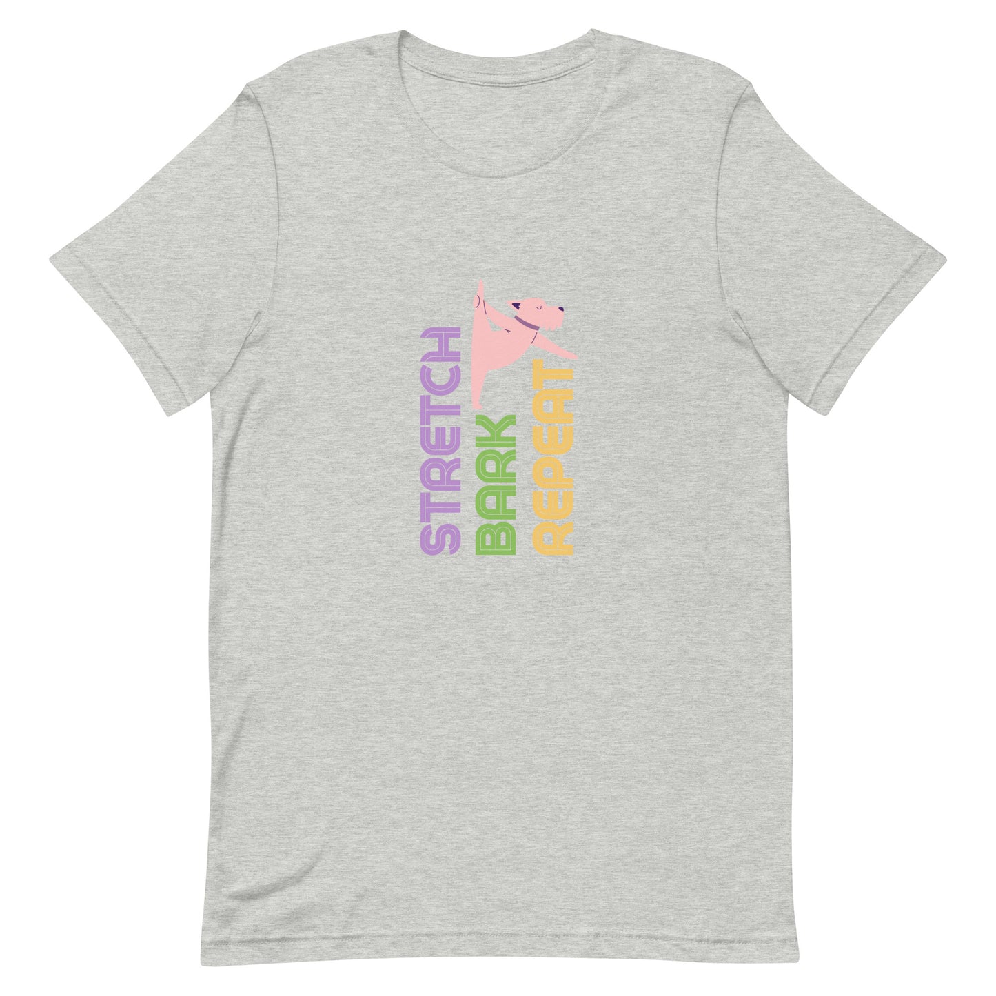 Athletic heather unisex yoga t-shirt with the phrase “Stretch. Bark. Repeat.” displayed alongside a cartoon dog in a playful stretching pose.
