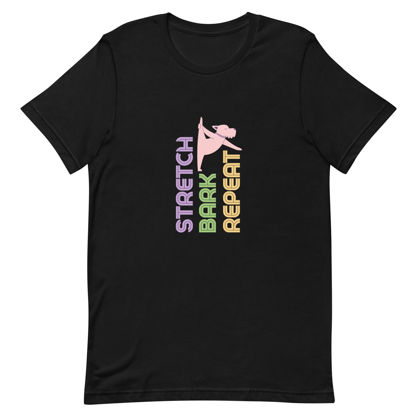 Black unisex yoga t-shirt with the phrase “Stretch. Bark. Repeat.” displayed alongside a cartoon dog in a playful stretching pose.