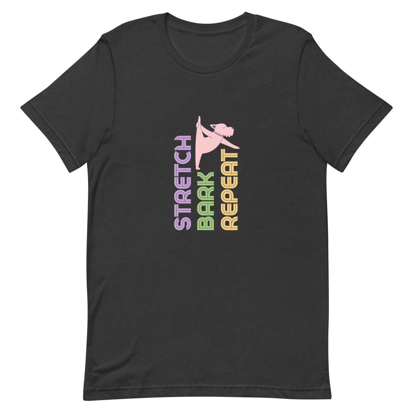 Dark grey unisex yoga t-shirt with the phrase “Stretch. Bark. Repeat.” displayed alongside a cartoon dog in a playful stretching pose.