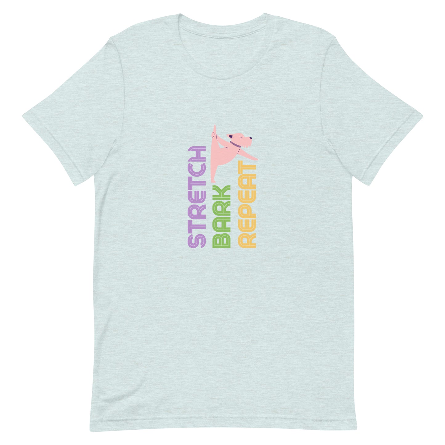 Heather ice blue unisex yoga t-shirt with the phrase “Stretch. Bark. Repeat.” displayed alongside a cartoon dog in a playful stretching pose.