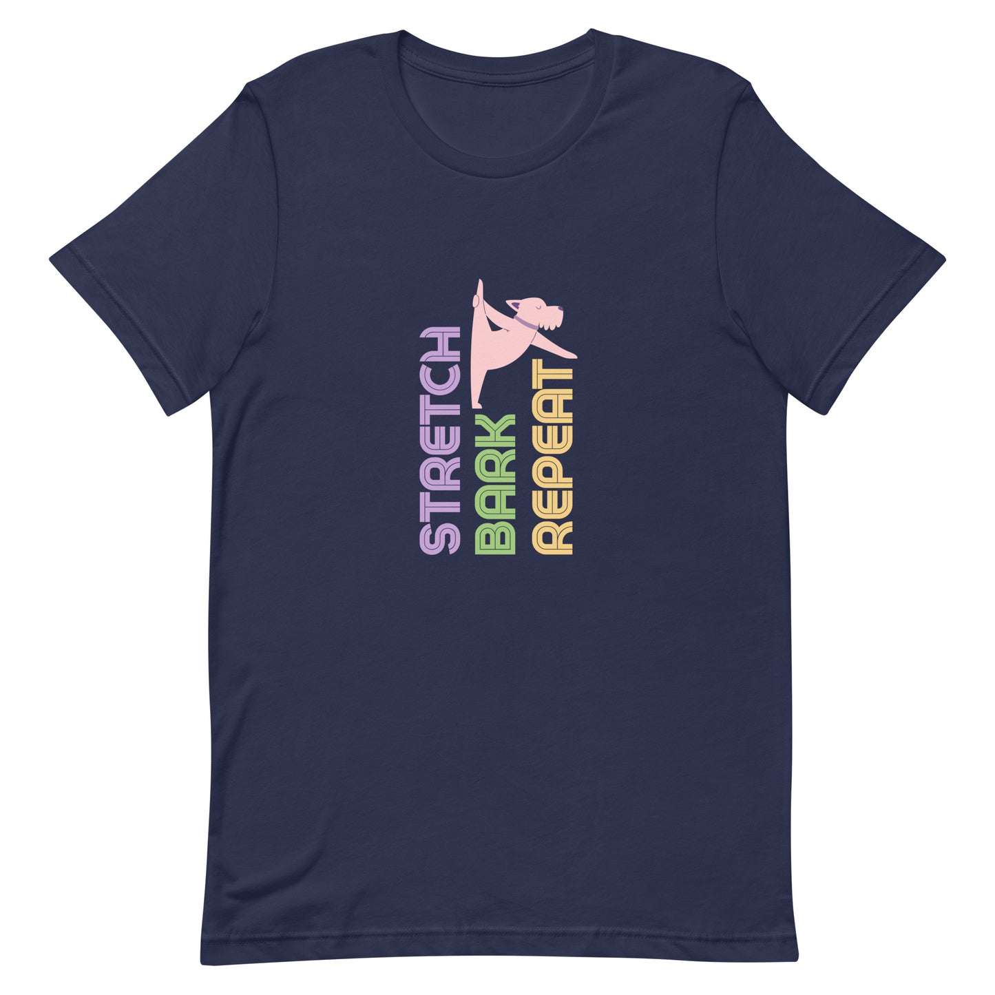 Navy unisex yoga t-shirt with the phrase “Stretch. Bark. Repeat.” displayed alongside a cartoon dog in a playful stretching pose.