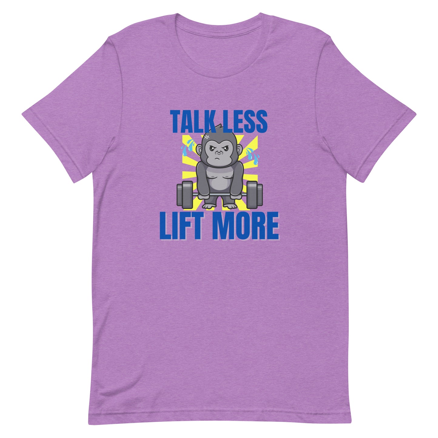 Heather team purple unisex gym t-shirt featuring the phrase “Talk Less Lift More”