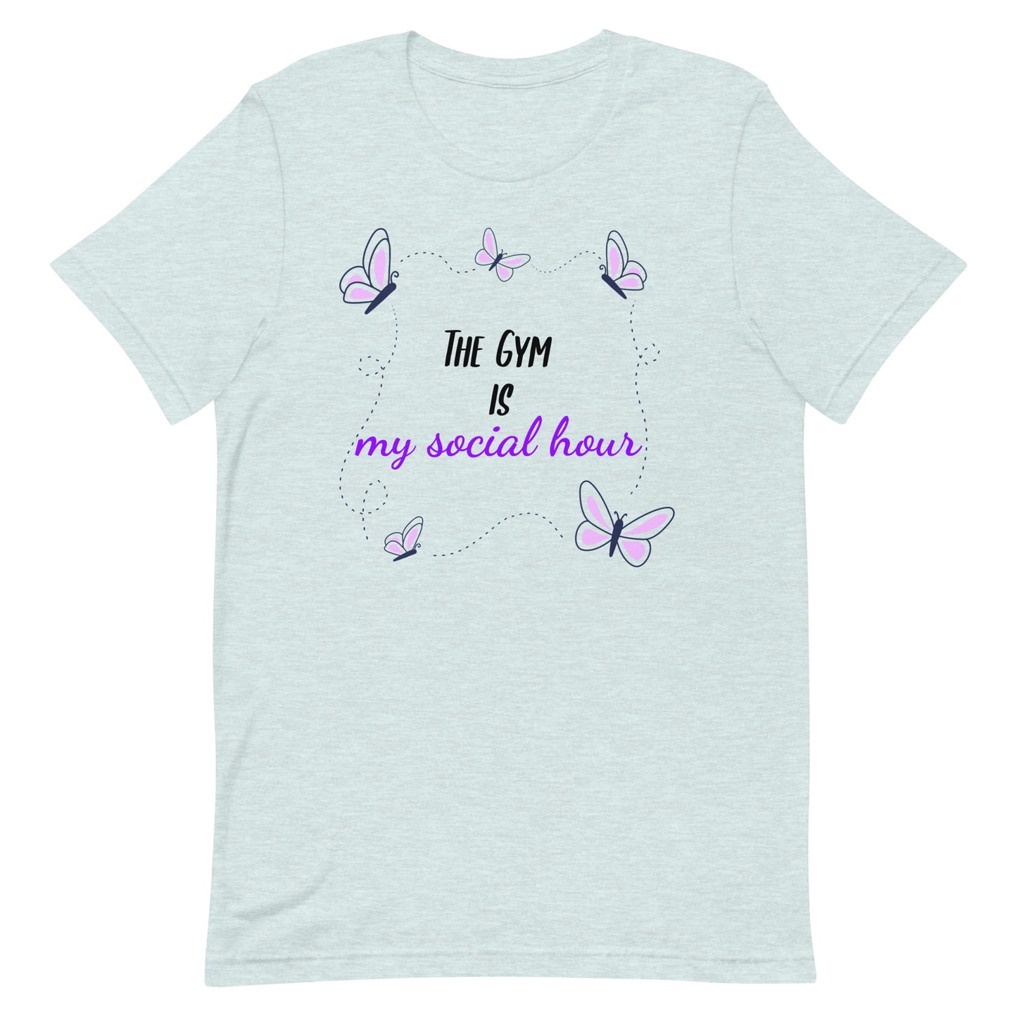 Heather ice blue unisex gym t-shirt with the phrase “The Gym is My Social Hour” in clean, bold font.