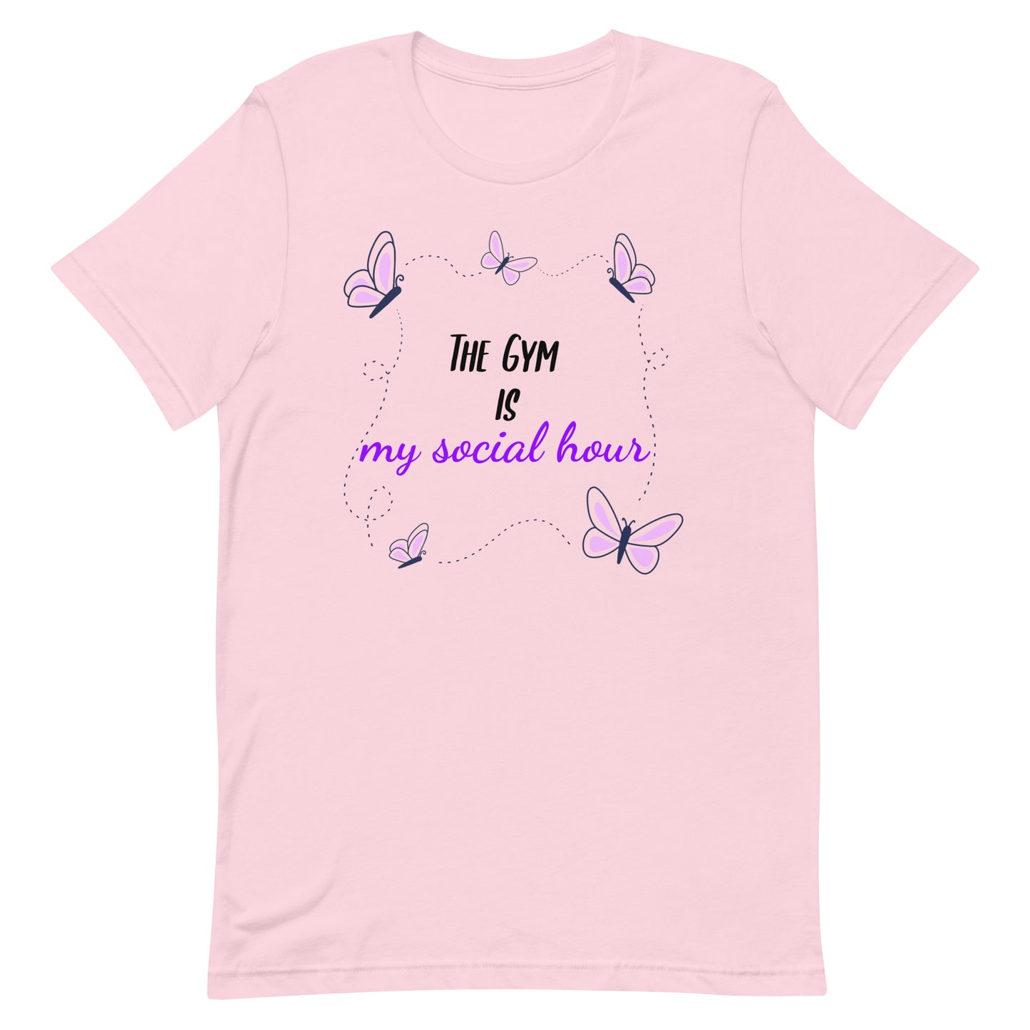 Soft pink unisex gym t-shirt with the phrase “The Gym is My Social Hour” in clean, bold font.