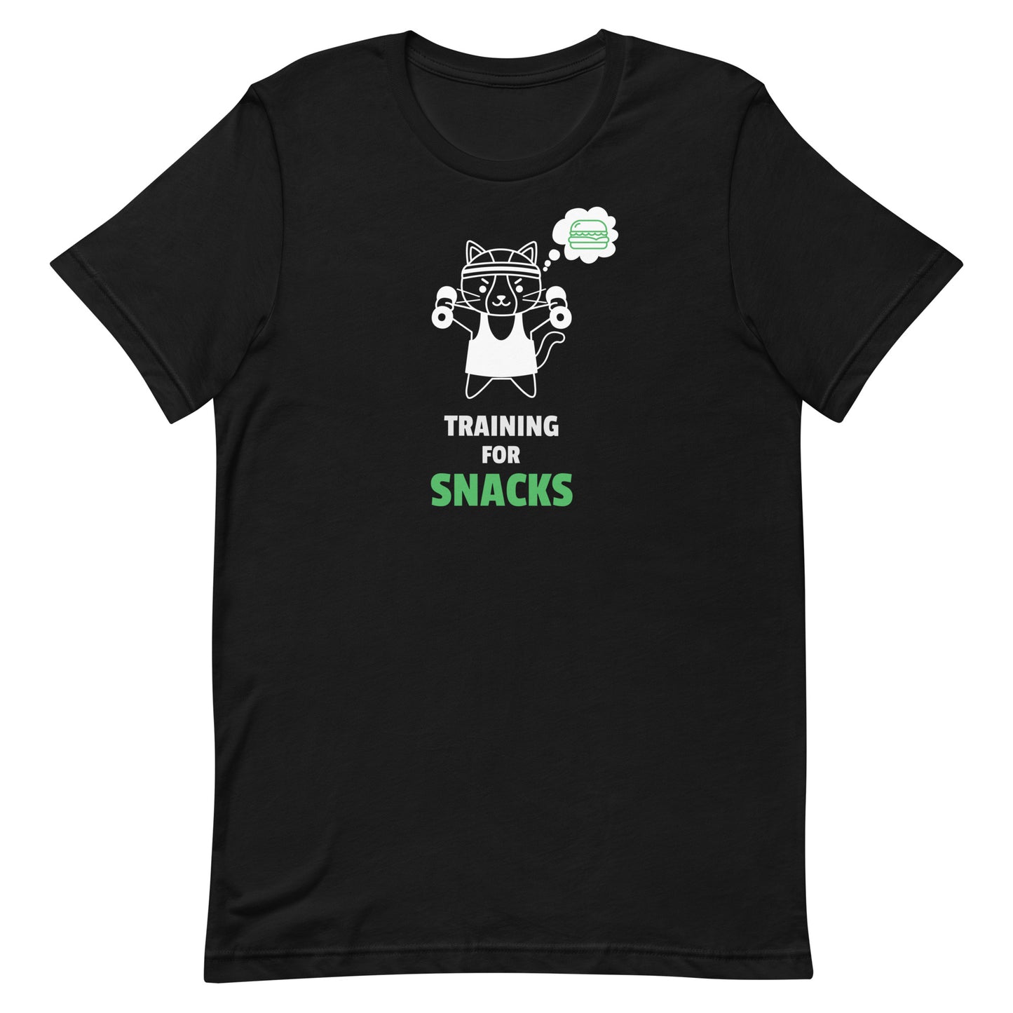 Black unisex t-shirt featuring a cute cartoon cat in a headband lifting dumbbells with a thought bubble of a sandwich, and the text “Training for Snacks” in white and green.