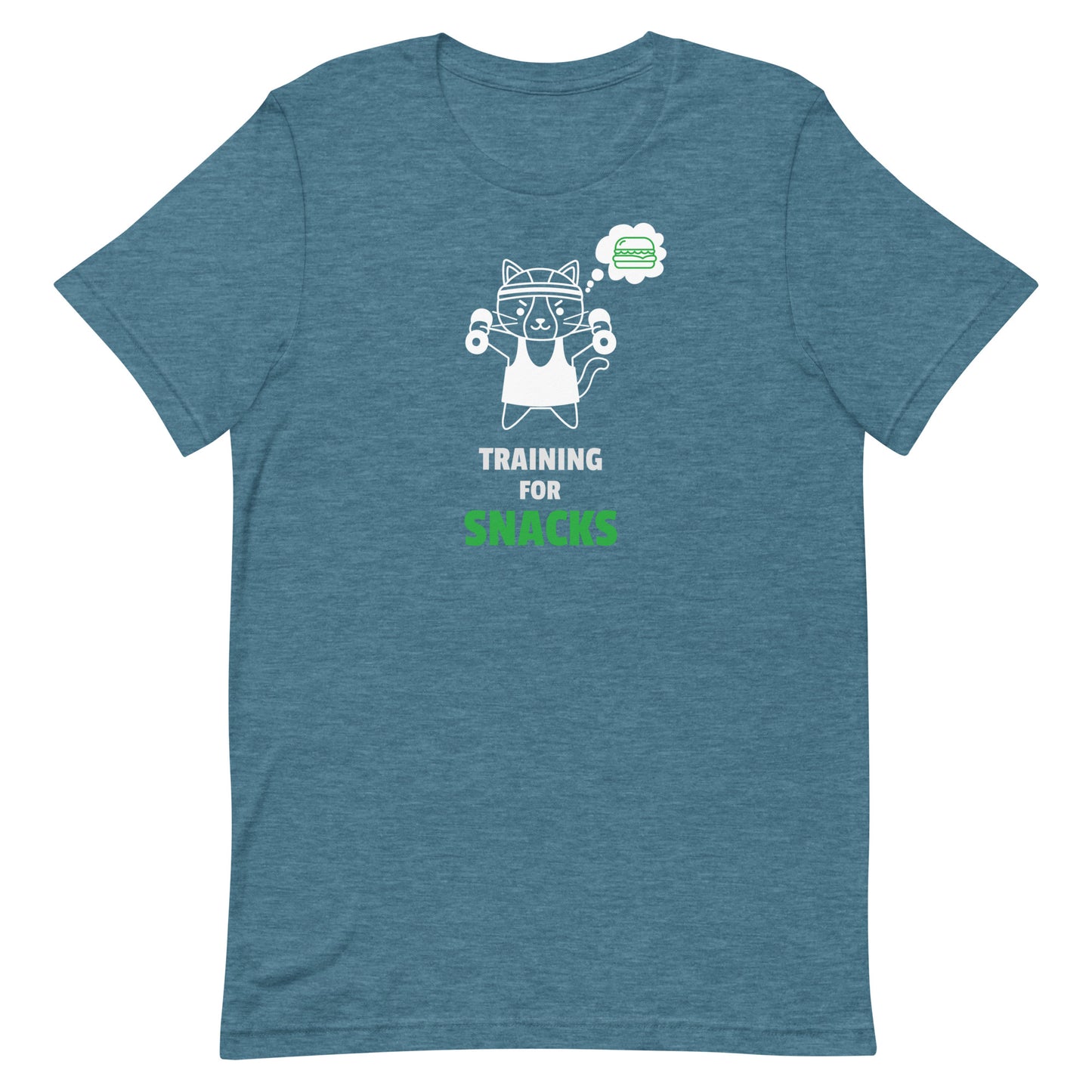 Heather deep teal unisex t-shirt featuring a cute cartoon cat in a headband lifting dumbbells with a thought bubble of a sandwich, and the text “Training for Snacks” in white and green.