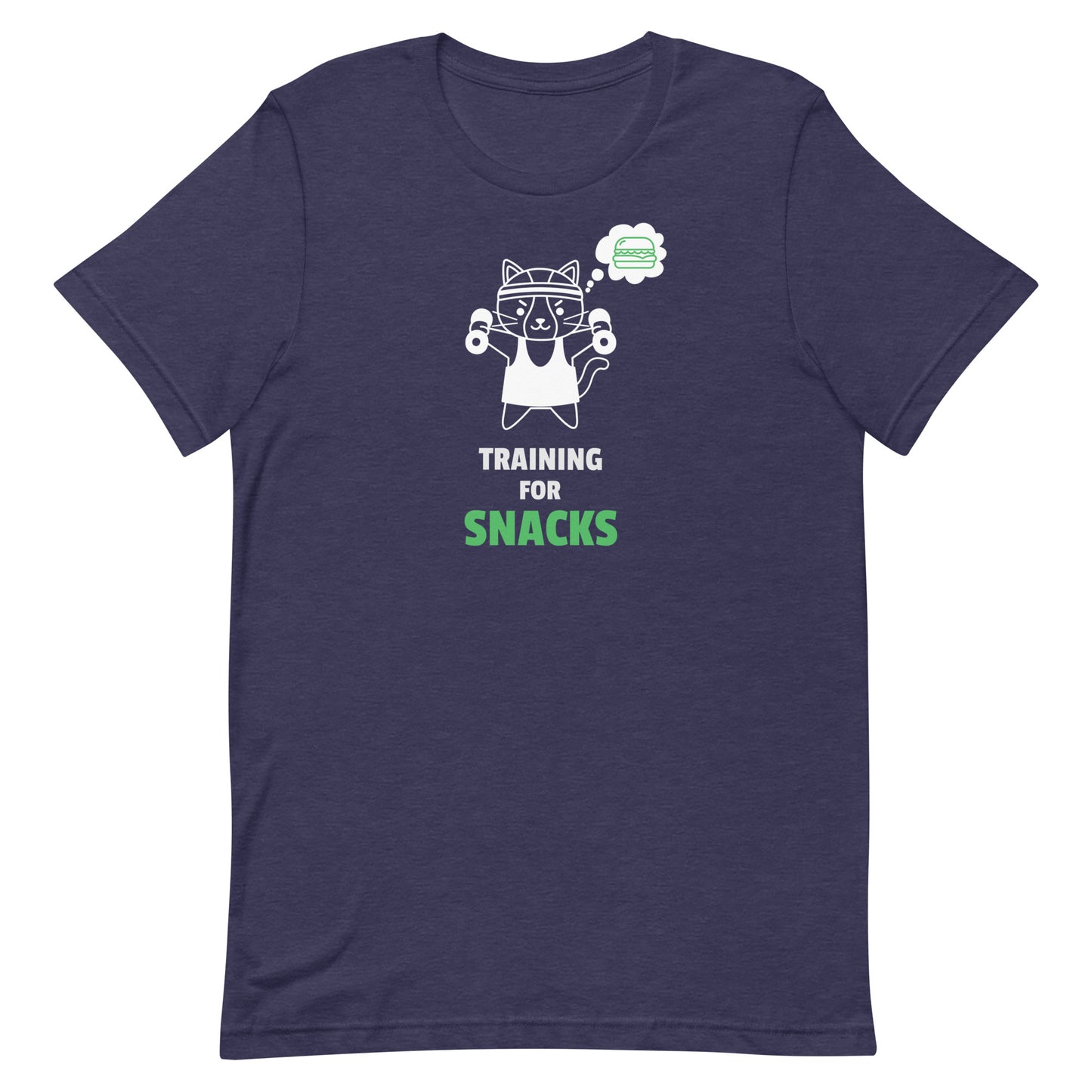 Heather midnight navy unisex t-shirt featuring a cute cartoon cat in a headband lifting dumbbells with a thought bubble of a sandwich, and the text “Training for Snacks” in white and green.