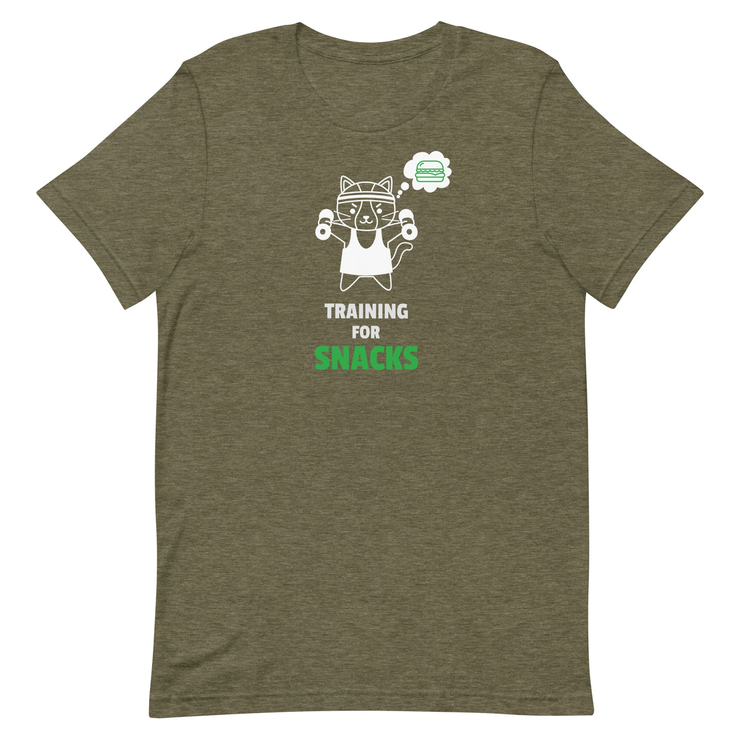 Heather olive unisex t-shirt featuring a cute cartoon cat in a headband lifting dumbbells with a thought bubble of a sandwich, and the text “Training for Snacks” in white and green.