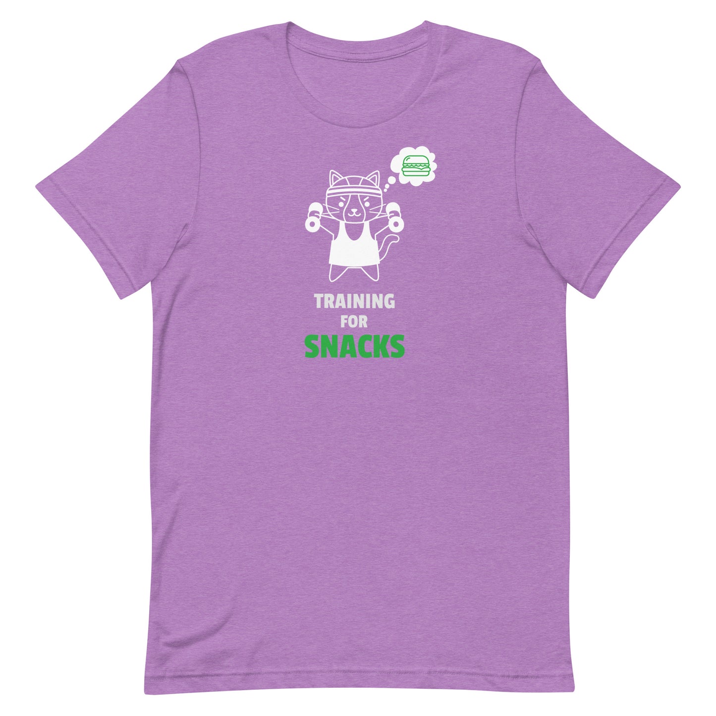 Heather Purple unisex t-shirt featuring a cute cartoon cat in a headband lifting dumbbells with a thought bubble of a sandwich, and the text “Training for Snacks” in white and green.