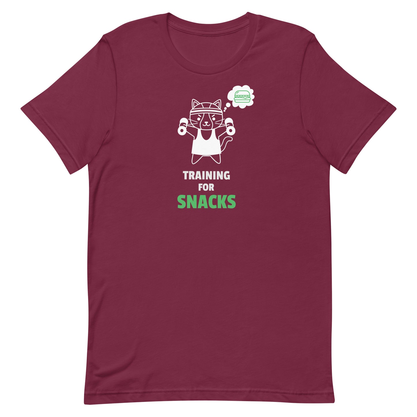 Maroon unisex t-shirt featuring a cute cartoon cat in a headband lifting dumbbells with a thought bubble of a sandwich, and the text “Training for Snacks” in white and green.
