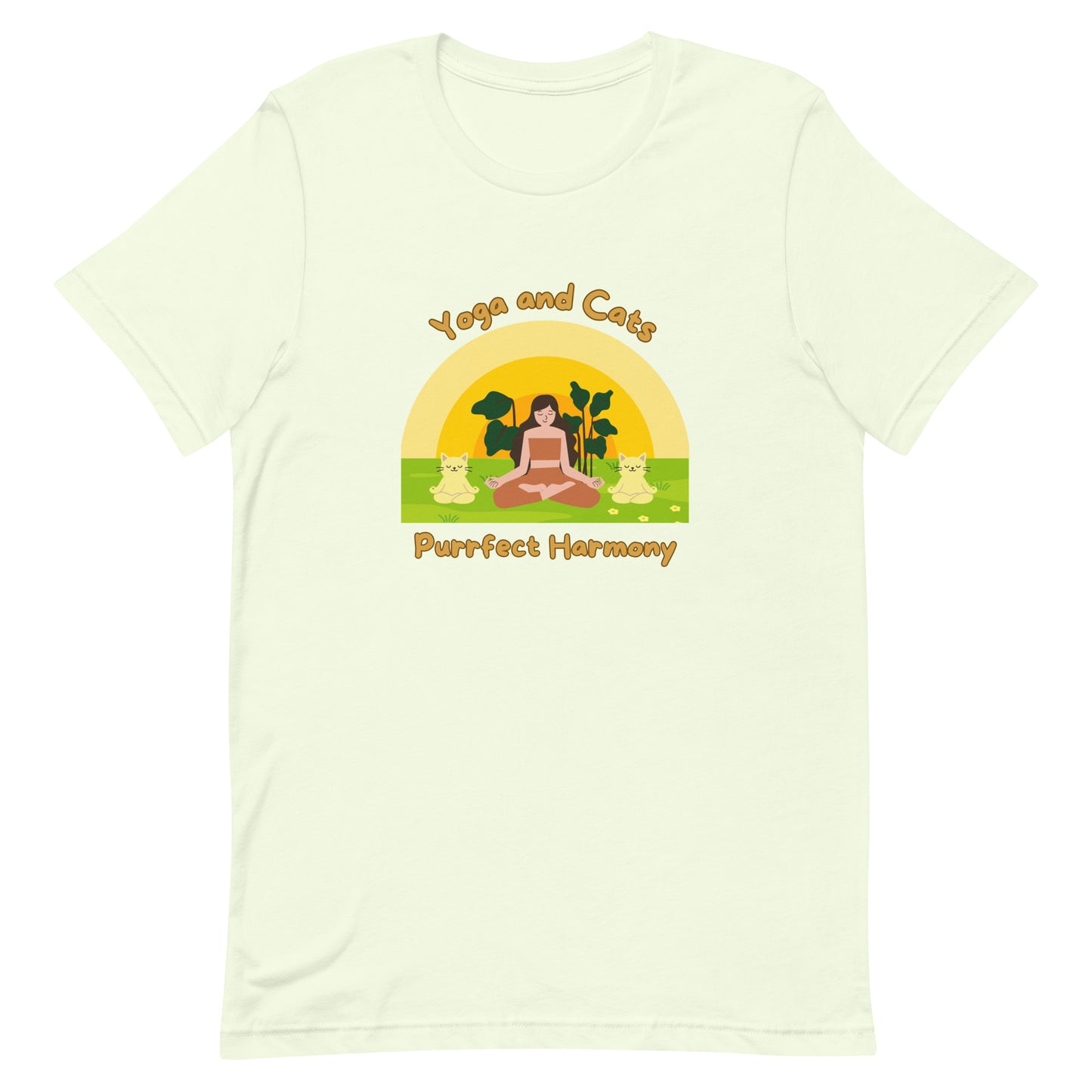Citron yoga t-shirt with phrase 'Yoga and Cats Purrfect Harmony'