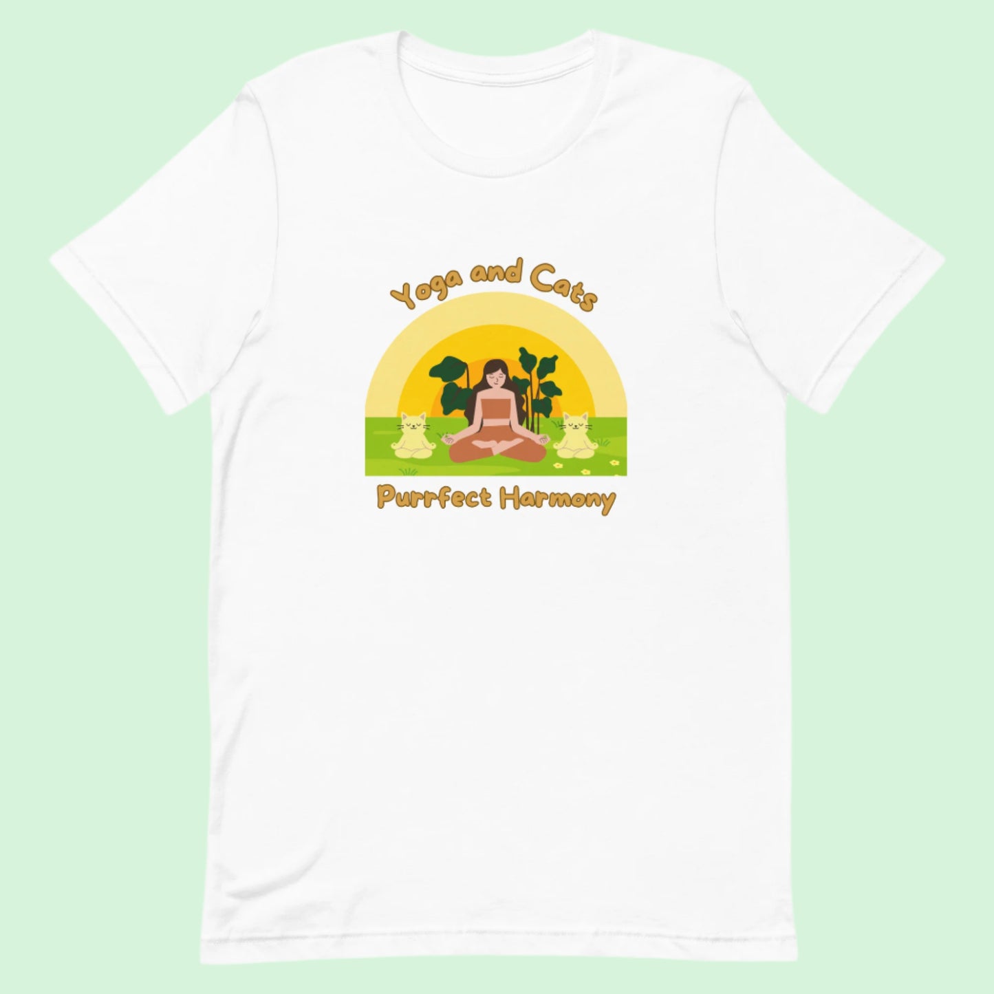 White yoga t-shirt with phrase 'Yoga and Cats Purrfect Harmony'