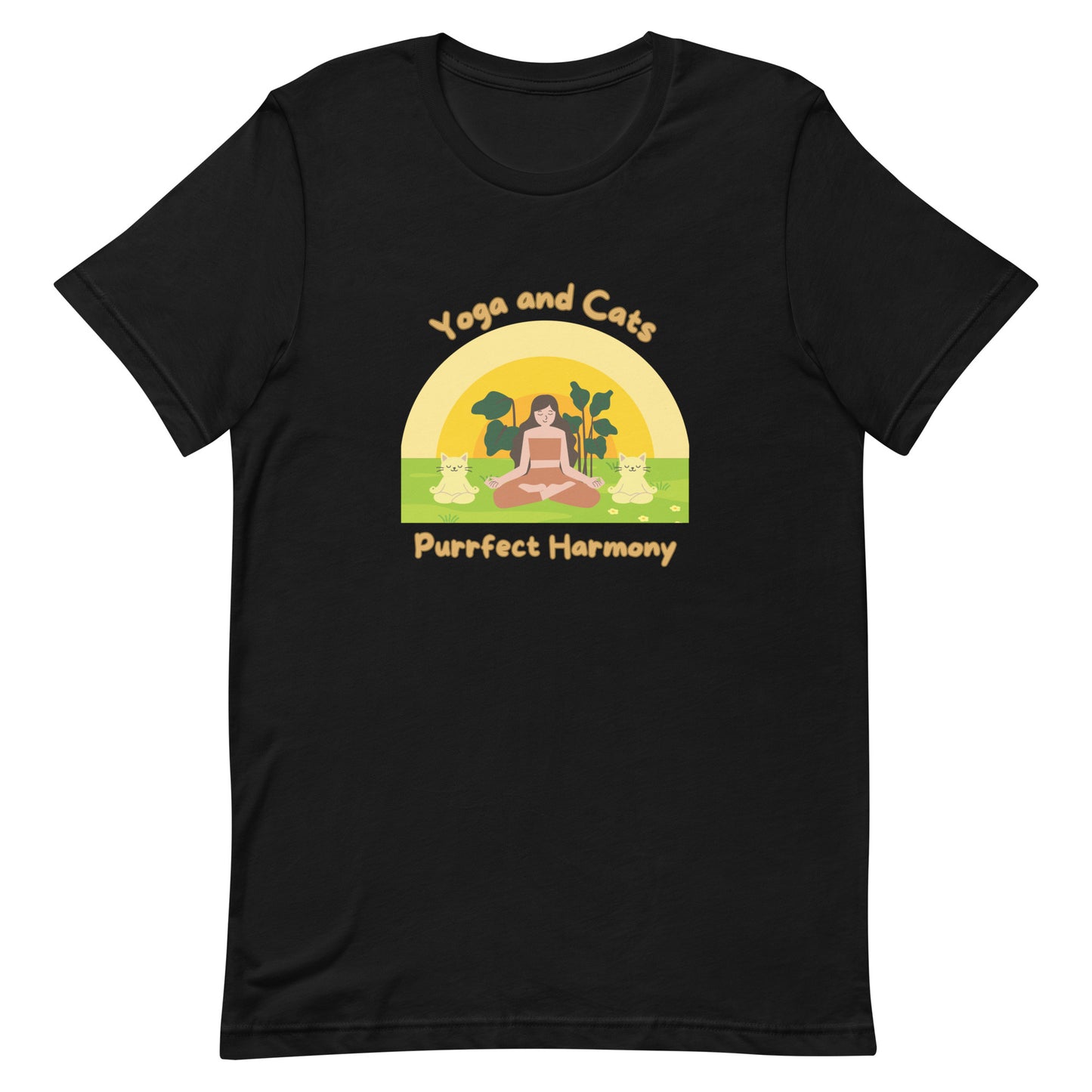 black yoga t-shirt with phrase 'Yoga and Cats Purrfect Harmony'