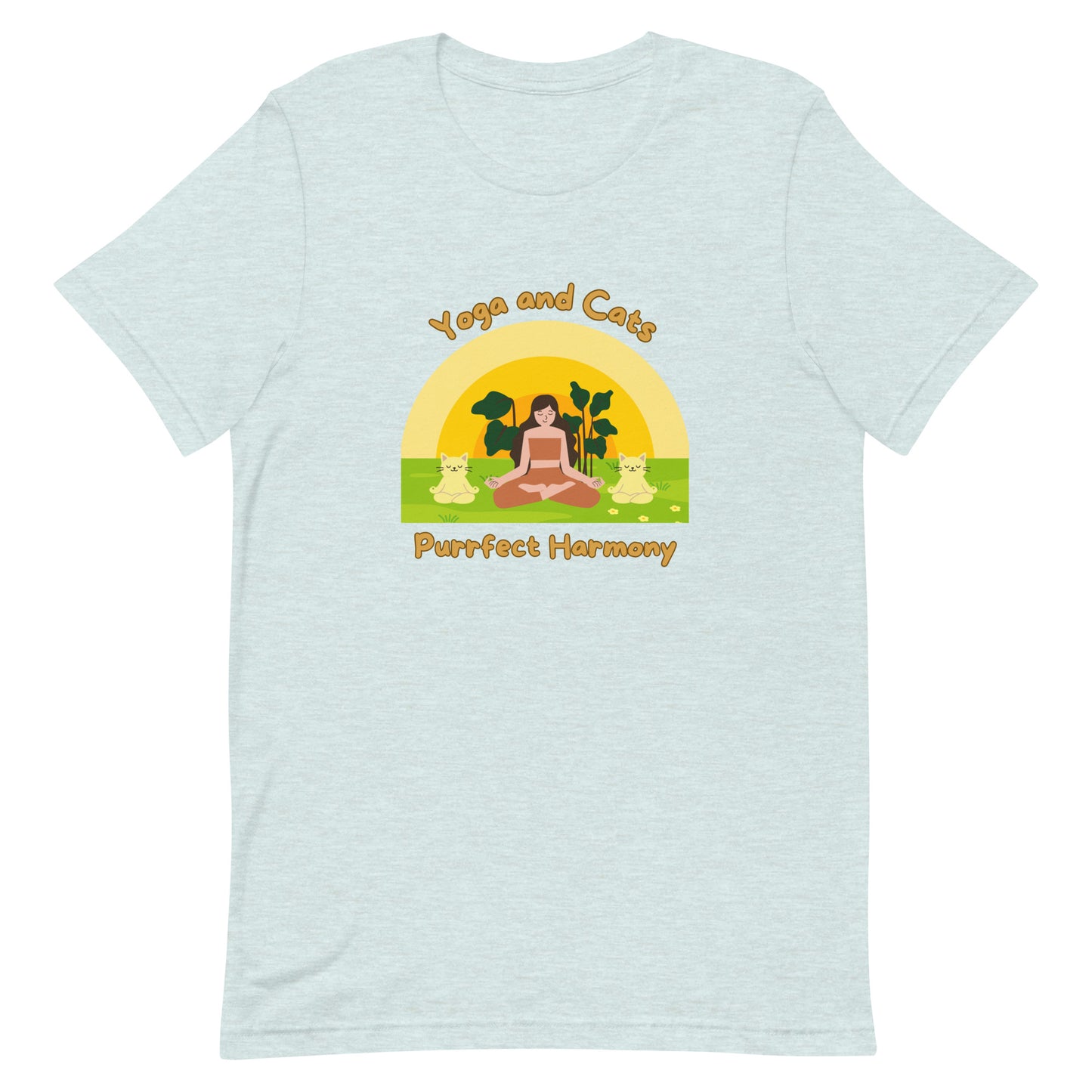 Heather ice blue yoga t-shirt with phrase 'Yoga and Cats Purrfect Harmony'