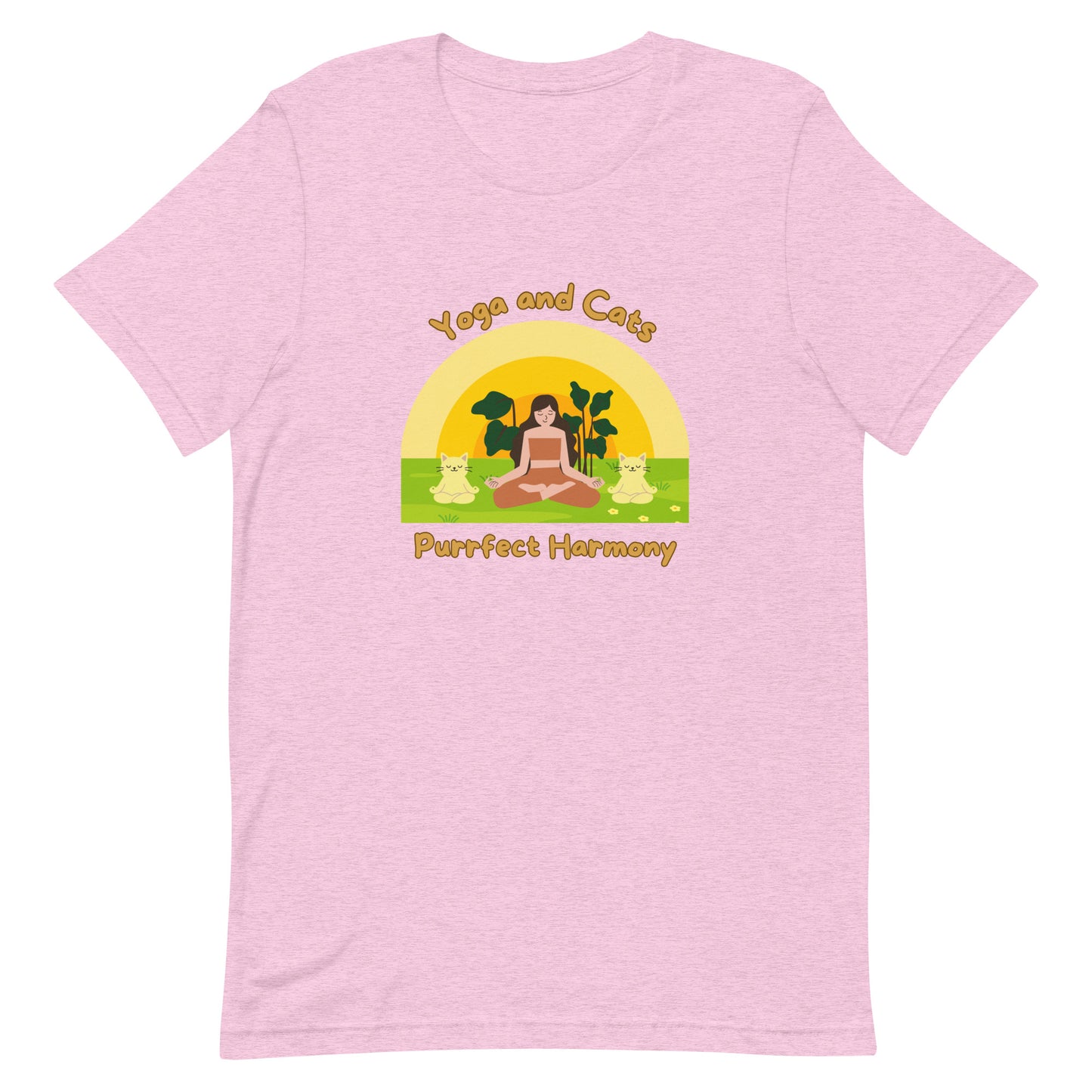 Heather lilac yoga t-shirt with phrase 'Yoga and Cats Purrfect Harmony'
