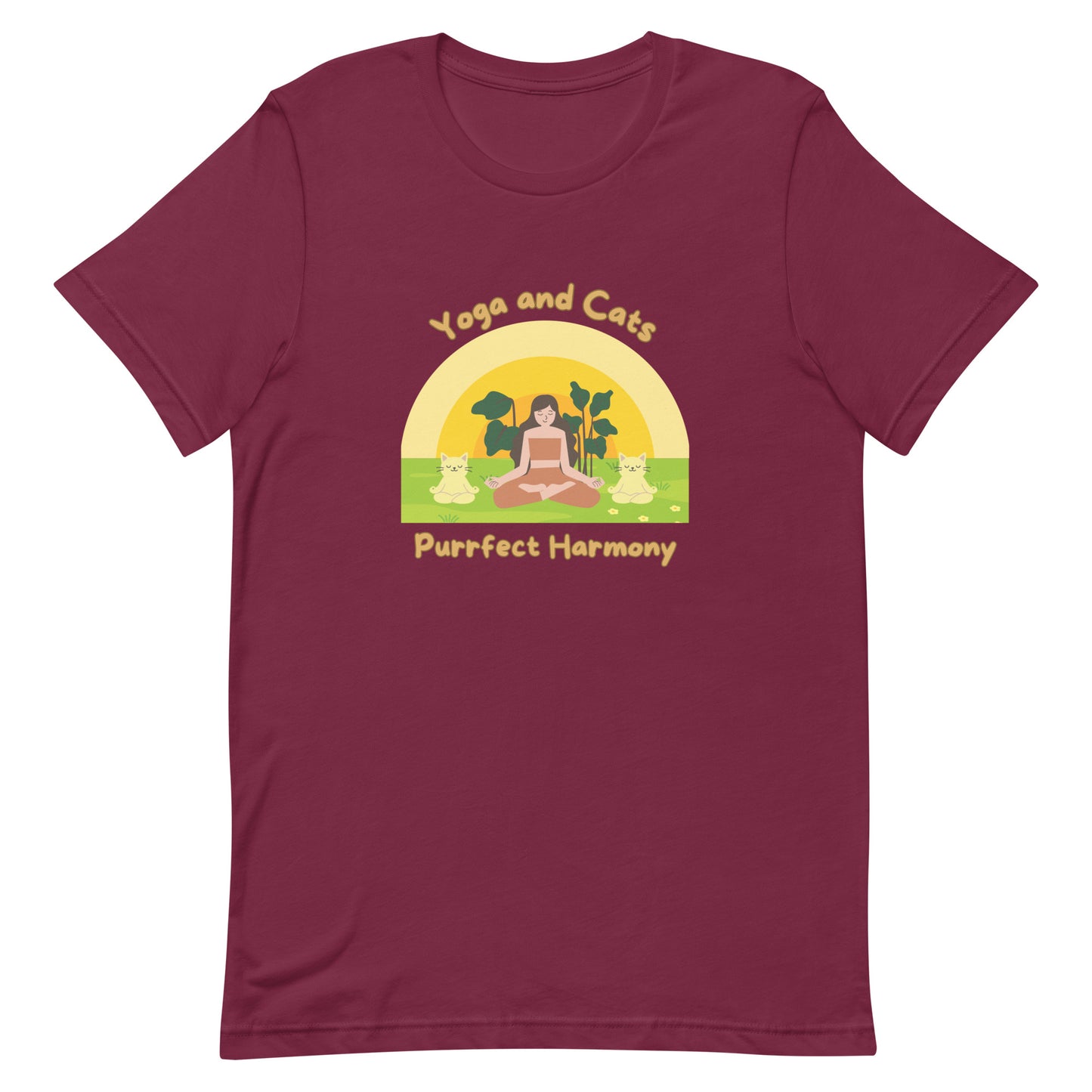 Maroon yoga t-shirt with phrase 'Yoga and Cats Purrfect Harmony'