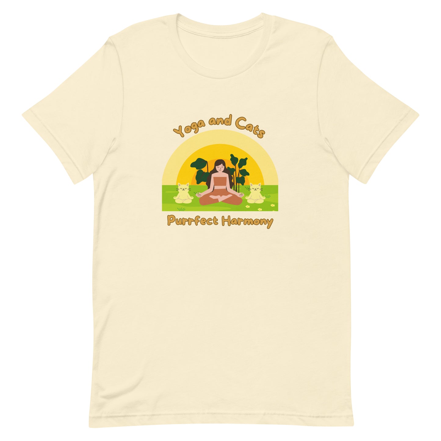 Natural yoga t-shirt with phrase 'Yoga and Cats Purrfect Harmony'