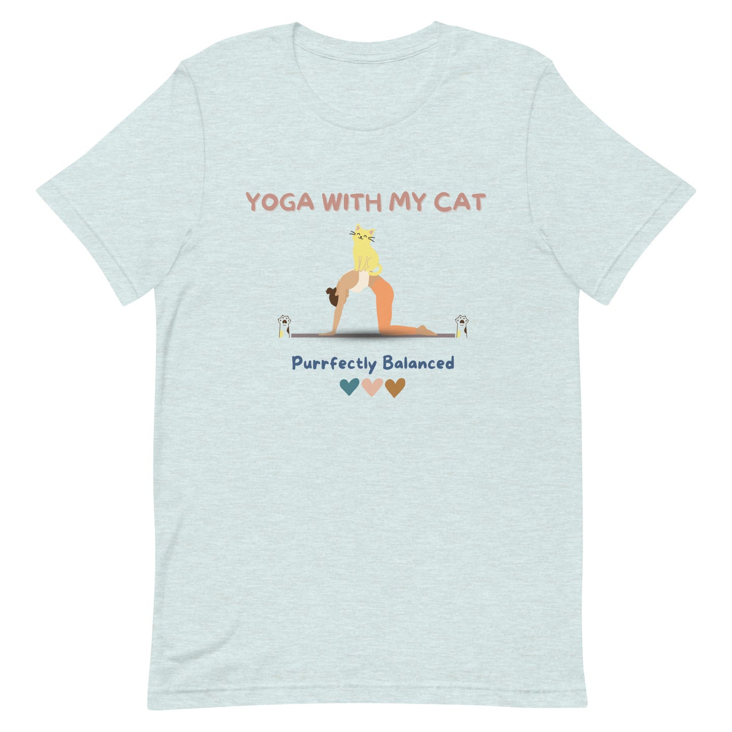 Heather ice blue yoga t-shirt that says 'Yoga with my cat purrfectly balanced'