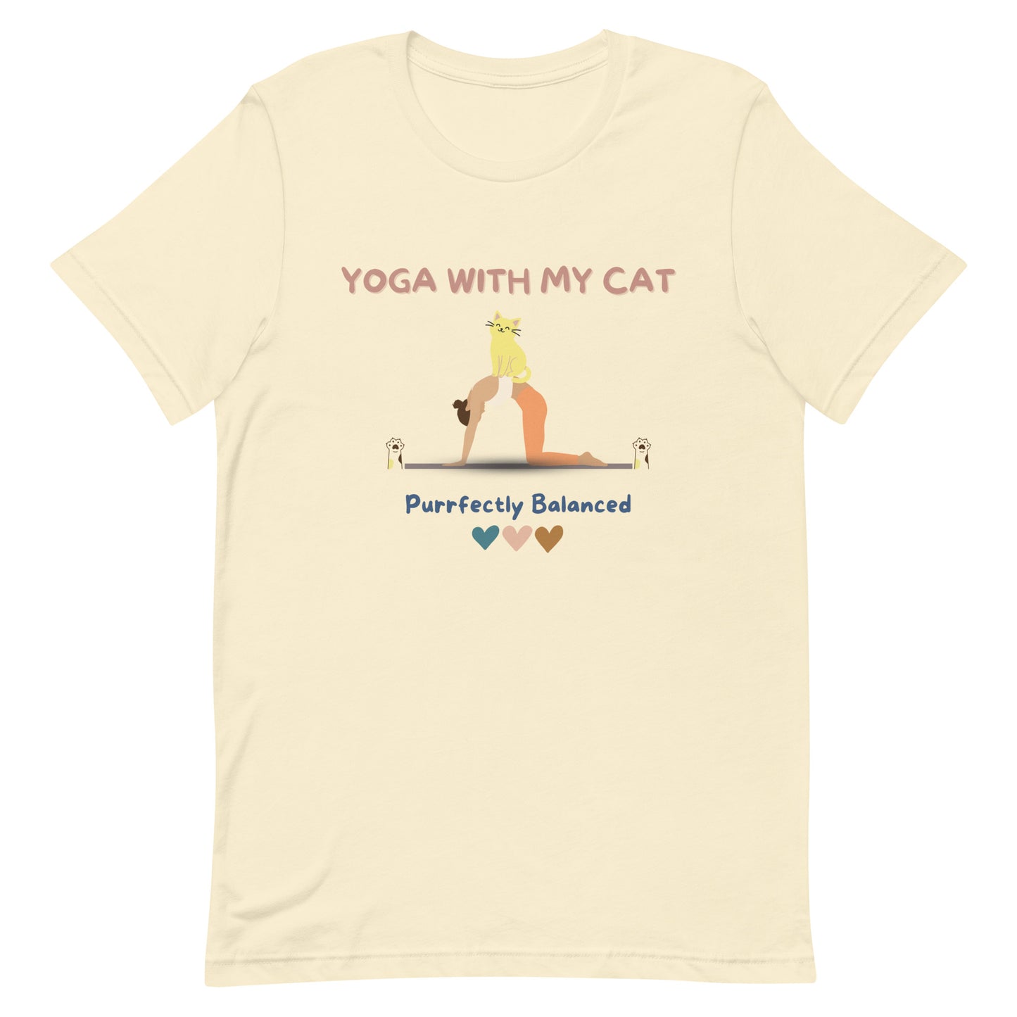 Natural yoga t-shirt that says 'Yoga with my cat purrfectly balanced'