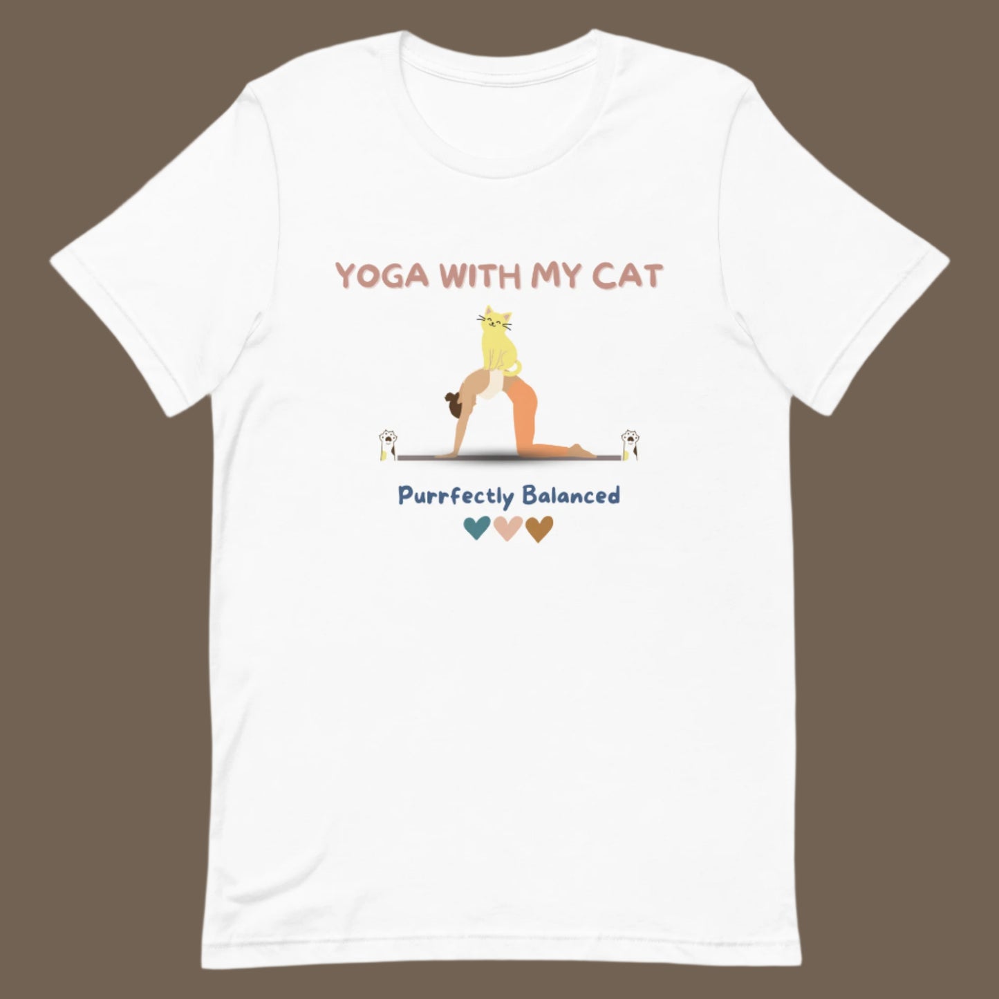 White yoga t-shirt that says 'Yoga with my cat purrfectly balanced'