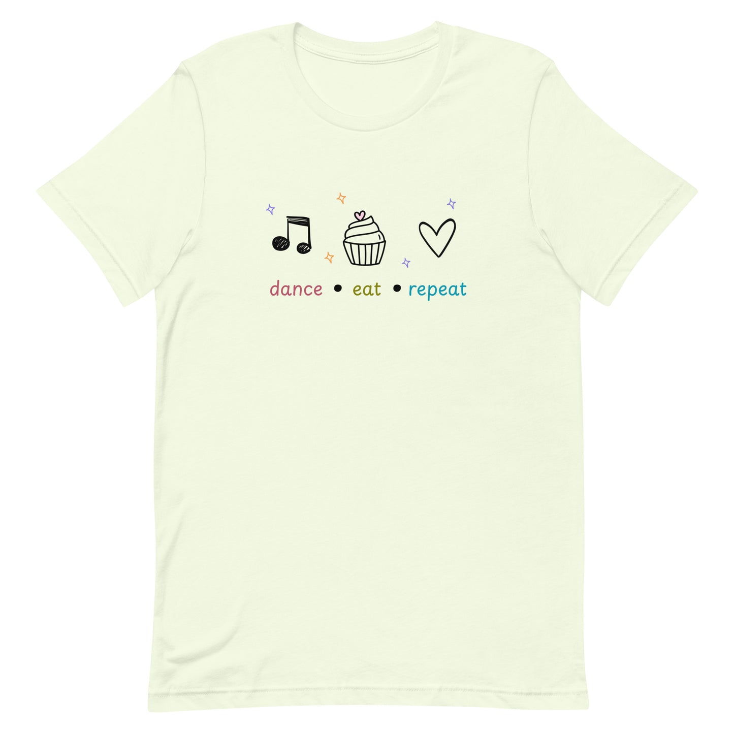 Citron dance t-shirt featuring dance eat repeat text with black icons of a music note, cupcake, and heart, designed for fun-loving dancers.