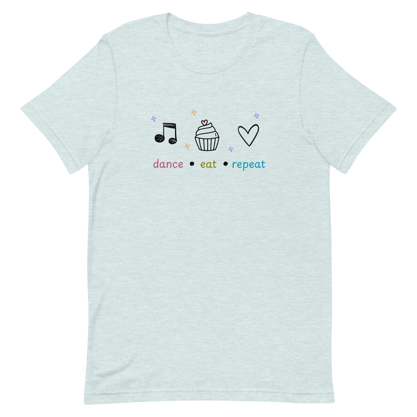 Heather prismice blue dance t-shirt featuring dance eat repeat text with black icons of a music note, cupcake, and heart, designed for fun-loving dancers.