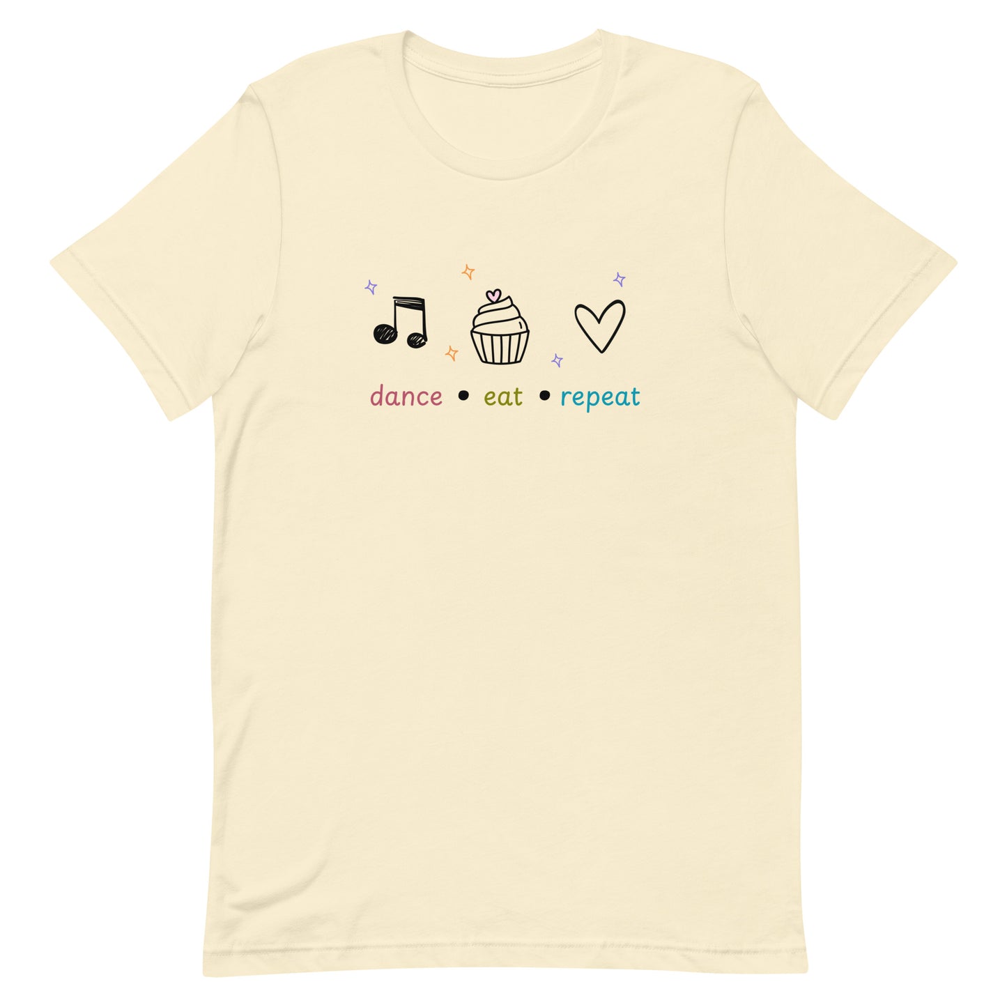 Natural dance t-shirt featuring dance eat repeat text with black icons of a music note, cupcake, and heart, designed for fun-loving dancers.
