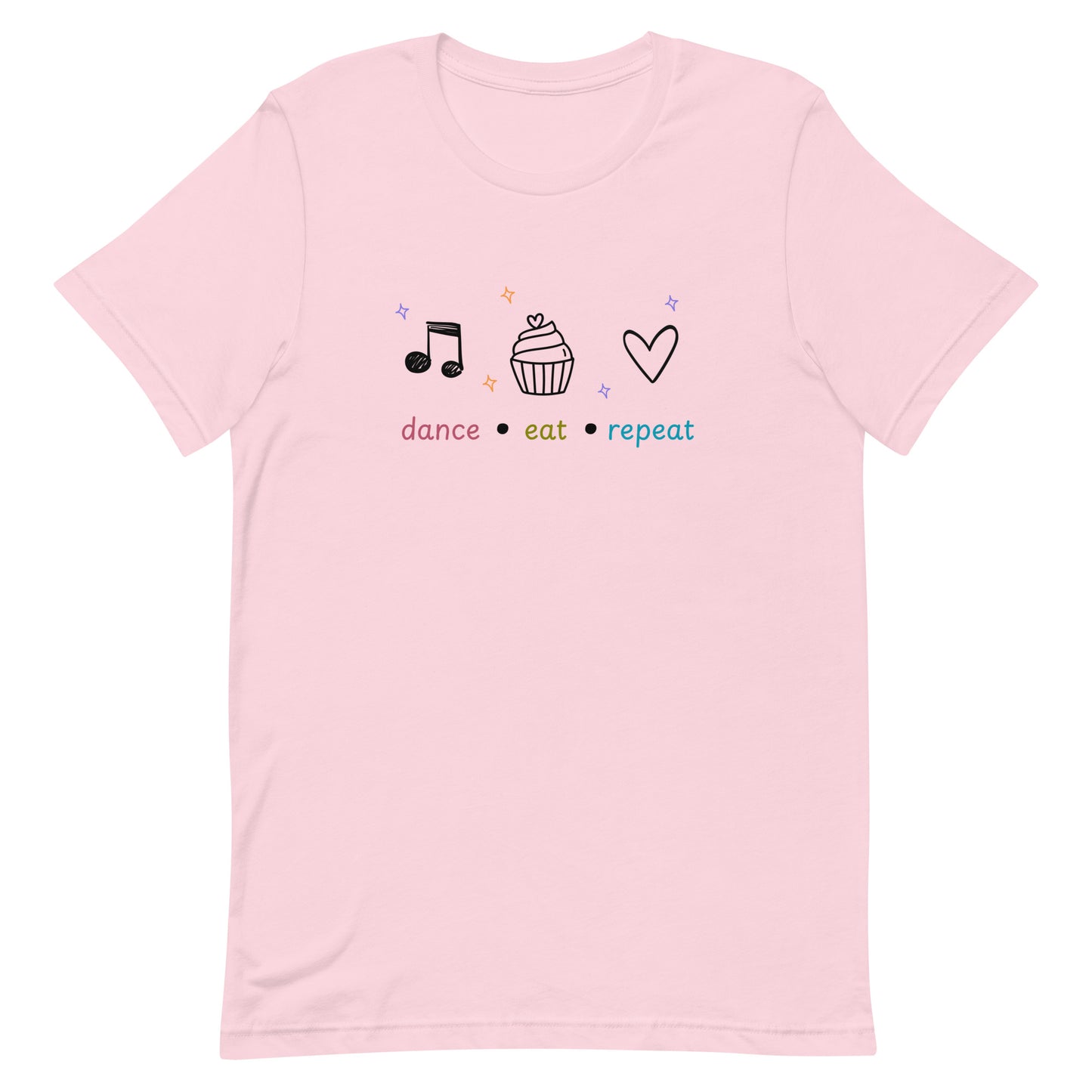 Soft pink dance t-shirt featuring dance eat repeat text with black icons of a music note, cupcake, and heart, designed for fun-loving dancers.