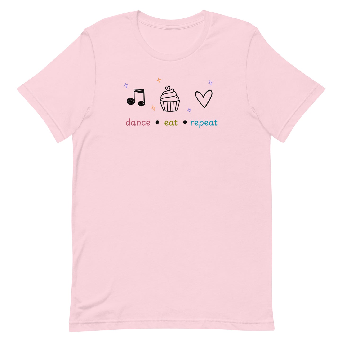 Front view of “Dance • Eat • Repeat” unisex t-shirt in soft pink– fun minimalist dance tee with music note, cupcake, and heart icons by MM Tee Lab.