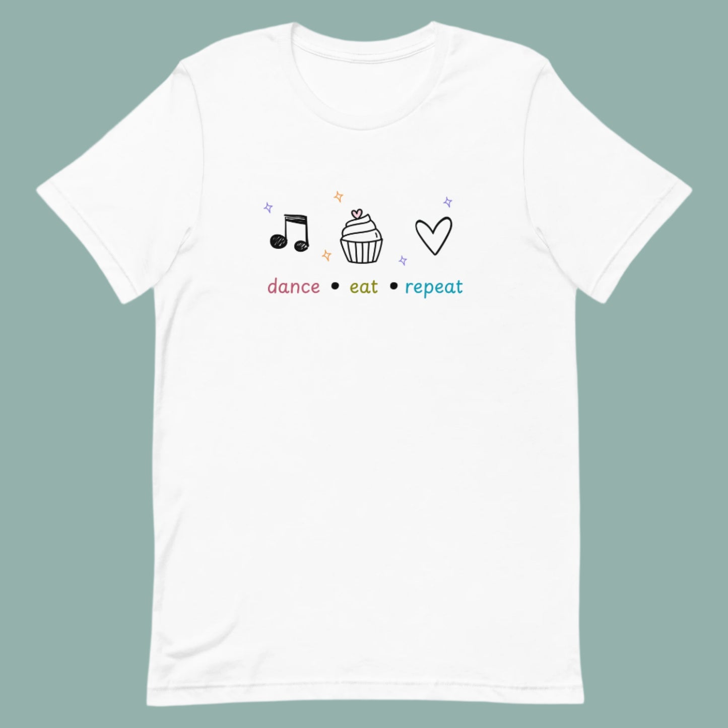 White dance t-shirt featuring dance eat repeat text with black icons of a music note, cupcake, and heart, designed for fun-loving dancers.