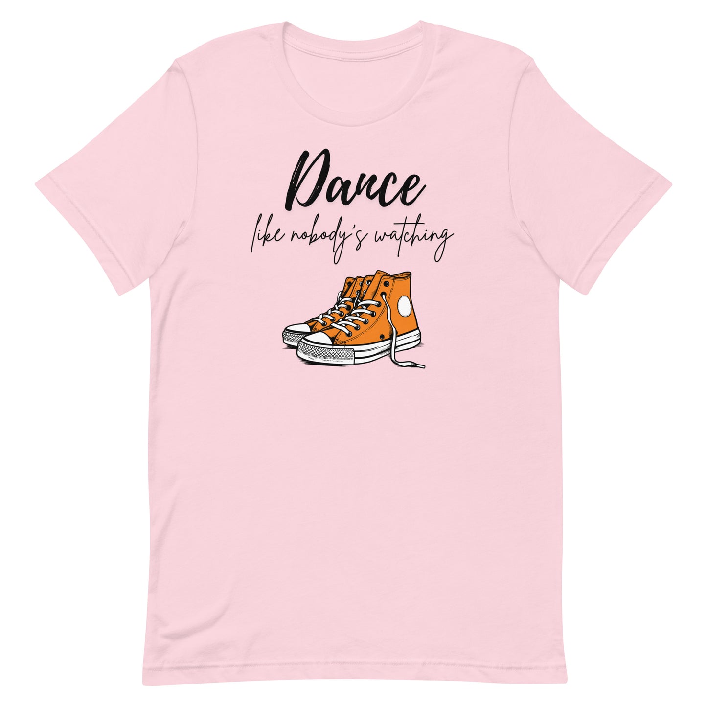 Front view of “Dance like nobody’s watching” unisex t-shirt in soft pink – motivational dance tee with orange sneakers graphic by MM Tee Lab.