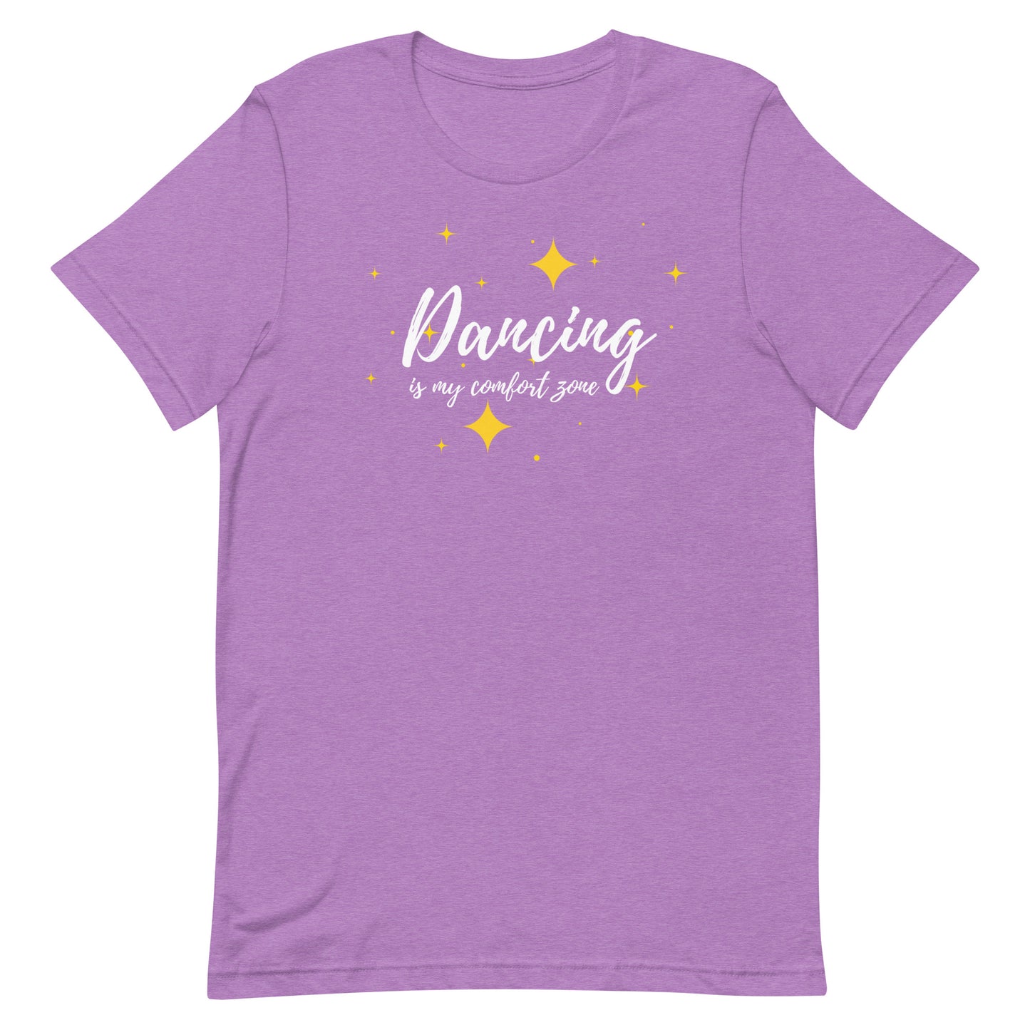 Front view of “Dancing is my comfort zone” unisex t-shirt in heather team purple – inspirational dance tee with yellow star accents by MM Tee Lab.