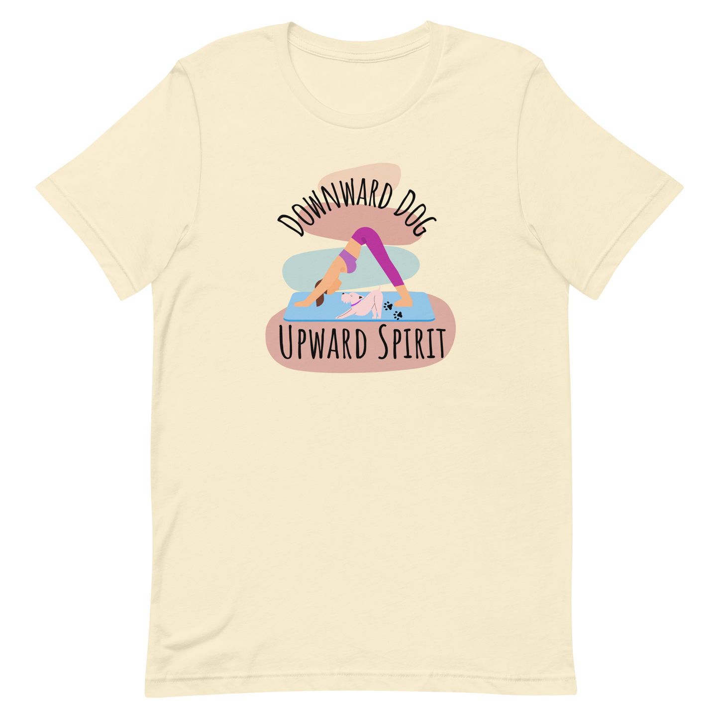 Front view of “Downward Dog – Upward Spirit” unisex t-shirt in natural – yoga-inspired tee featuring a woman and dog in downward dog pose by MM Tee Lab.