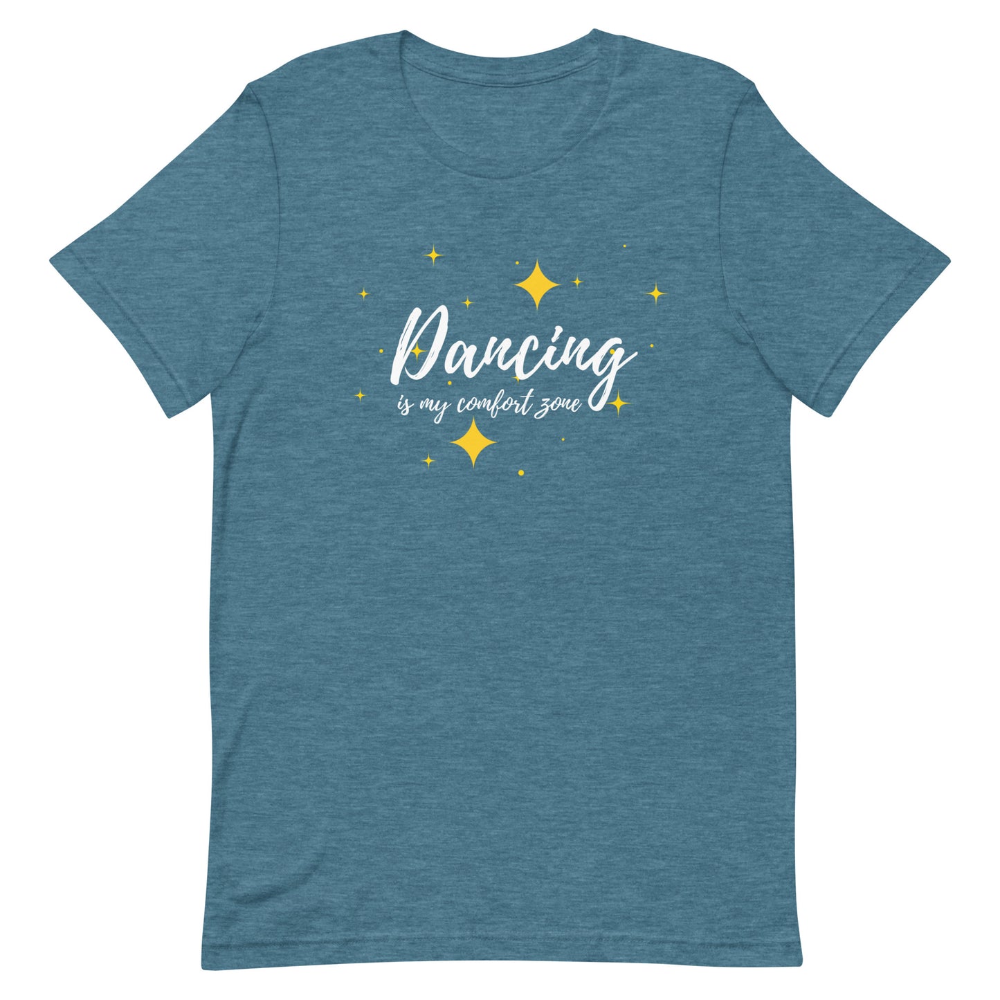Heather deep teal unisex dance tee shirt with phrase "Dancing is my comfort zone" lay flat on a white background