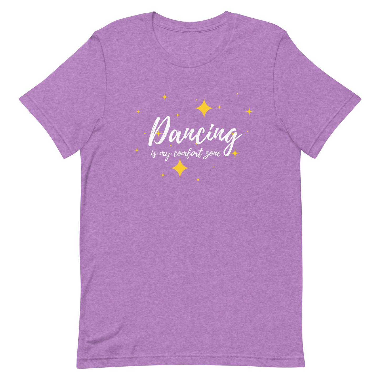 Heather team purple unisex dance tee with phrase "Dancing is my comfort zone" lay flat on a white background