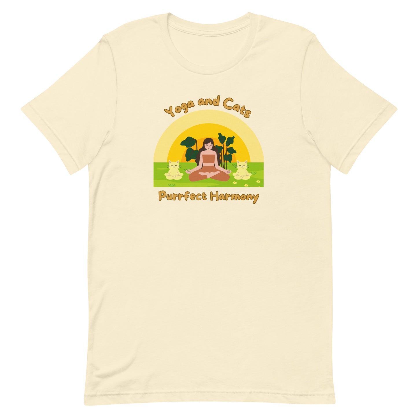 Front view of “Yoga and Cats – Purrfect Harmony” unisex t-shirt in natural – calming yoga tee featuring a woman meditating with two cats and sunset background by MM Tee Lab.