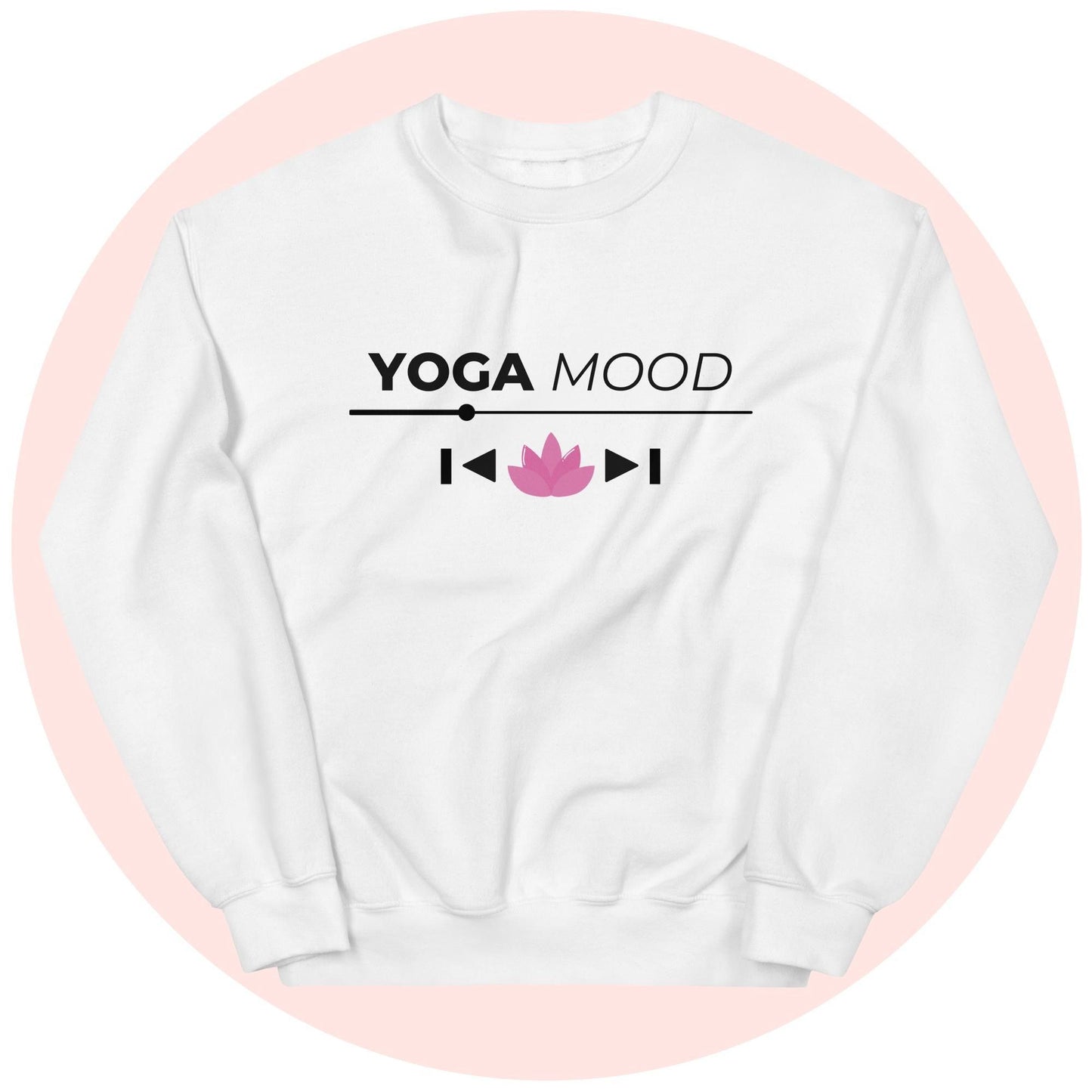 White Yoga Mood On sweatshirt with black text and pink lotus printed design, displayed on a light pink circle background
