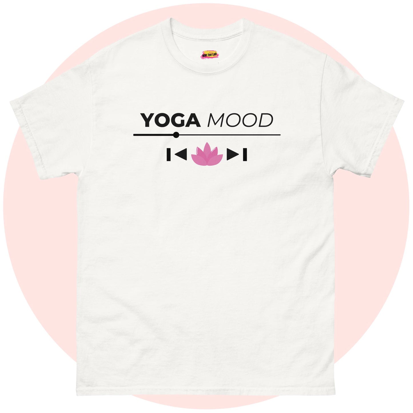 White Yoga Mood On t-shirt with black text and pink lotus design, displayed on a light pink circle background